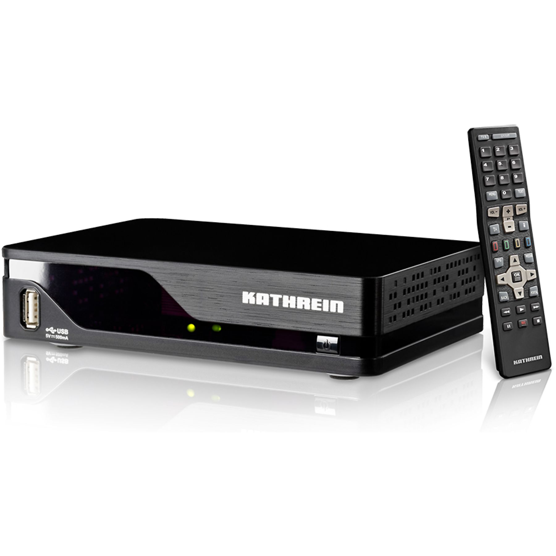 Ein schwarzer Kathrein-Receiver mit Fernbedienung, USB-Anschluss und Ein/Aus-Taste, auf weißem Untergrund.