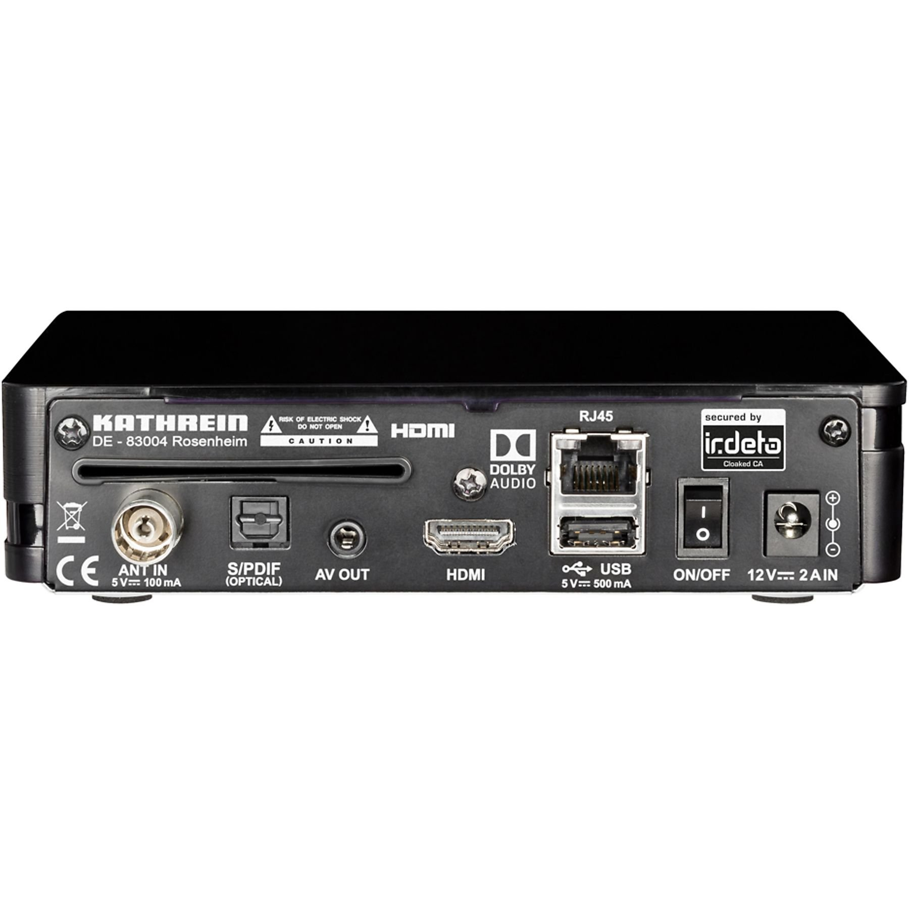 Schwarzes elektronisches Gerät mit mehreren Anschlüssen und Etiketten, darunter HDMI, USB und Antenneneingang. Die Marke ist Kathrein.