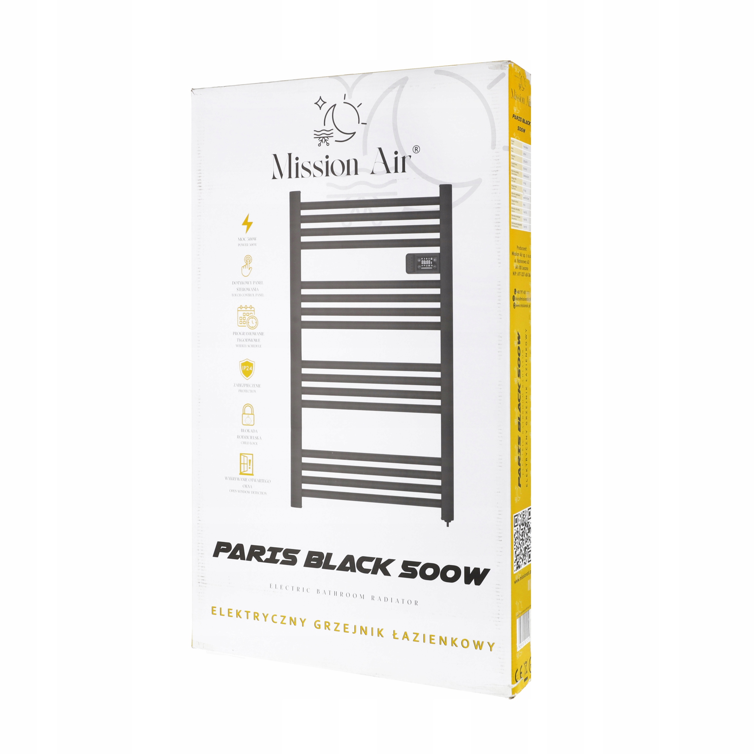 Pudełko z czarnym grzejnikiem do ręczników. Marka to Mission Air. Na pudełku napis: PARIS BLACK 500W.