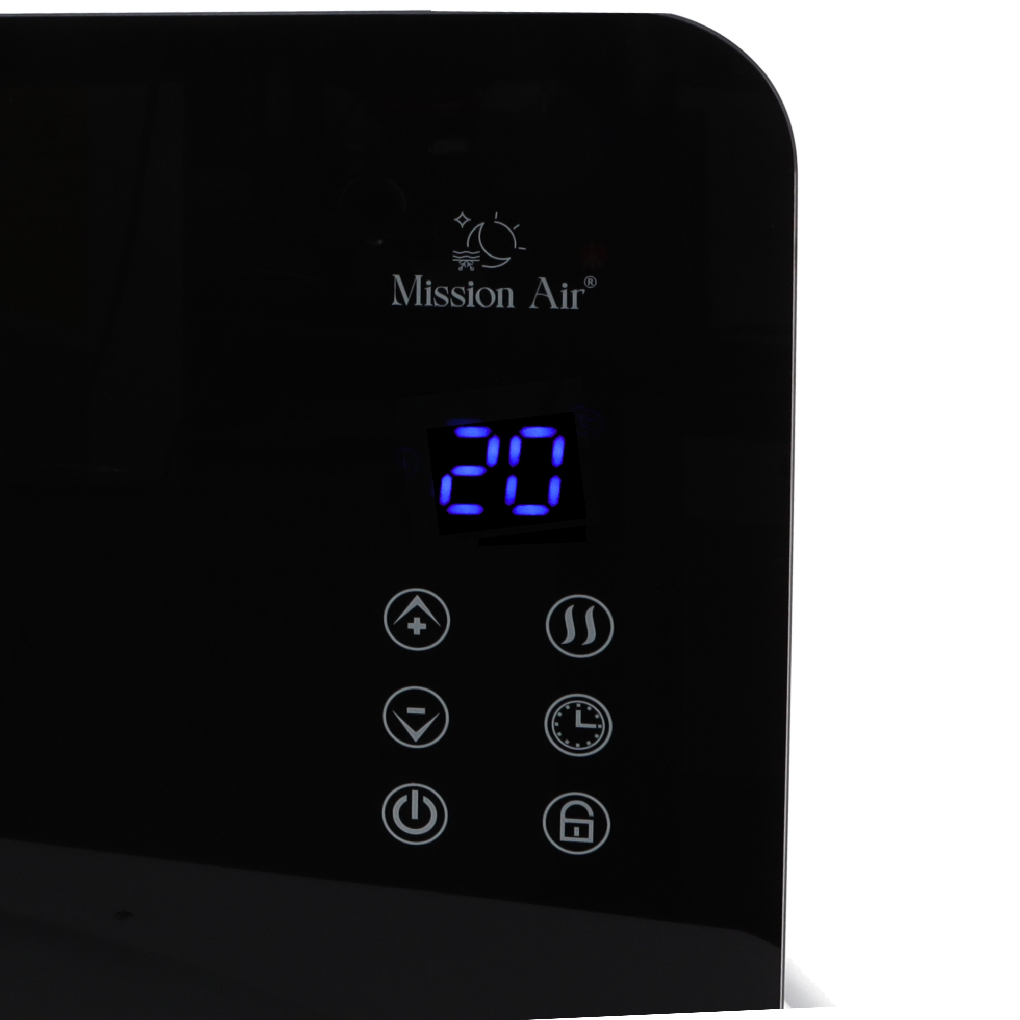 Czarny panel z '20', ikonami i logo 'Mission Air'.