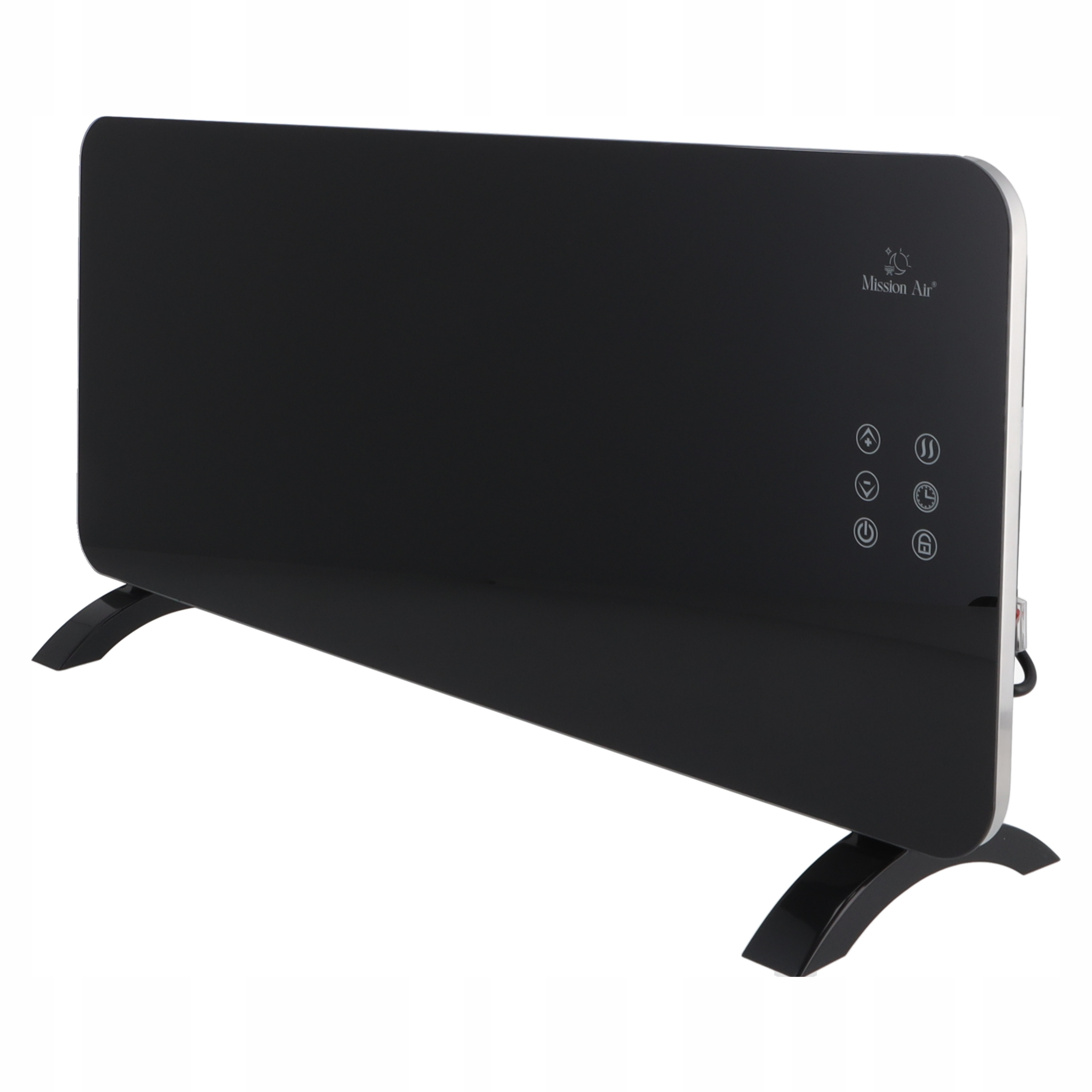 Czarny grzejnik elektryczny Mission Air z przyciskami sterowania i łukowatymi nogami.