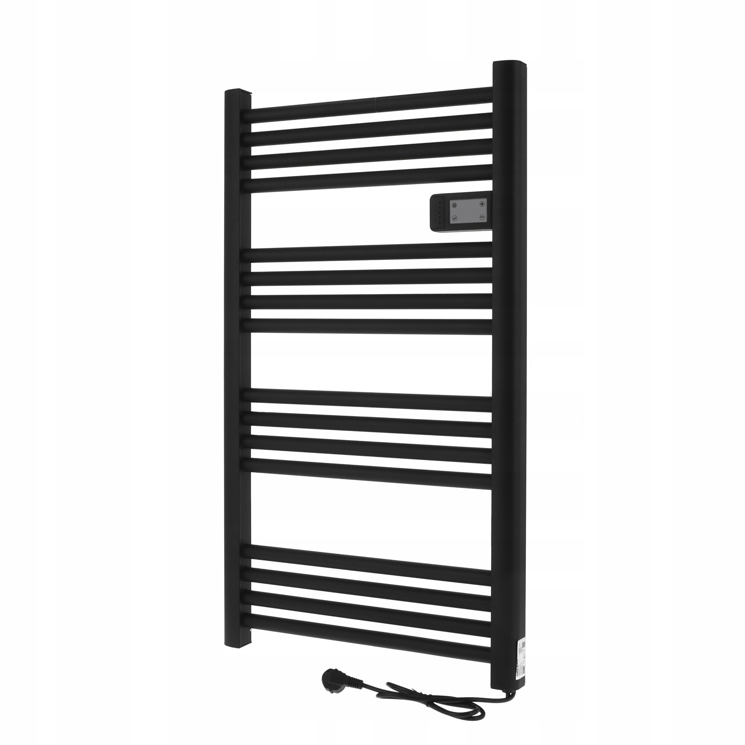 Czarny, montowany na ścianie wieszak na ręczniki. Poziome pręty, z panelem sterowania i przewodem zasilającym.