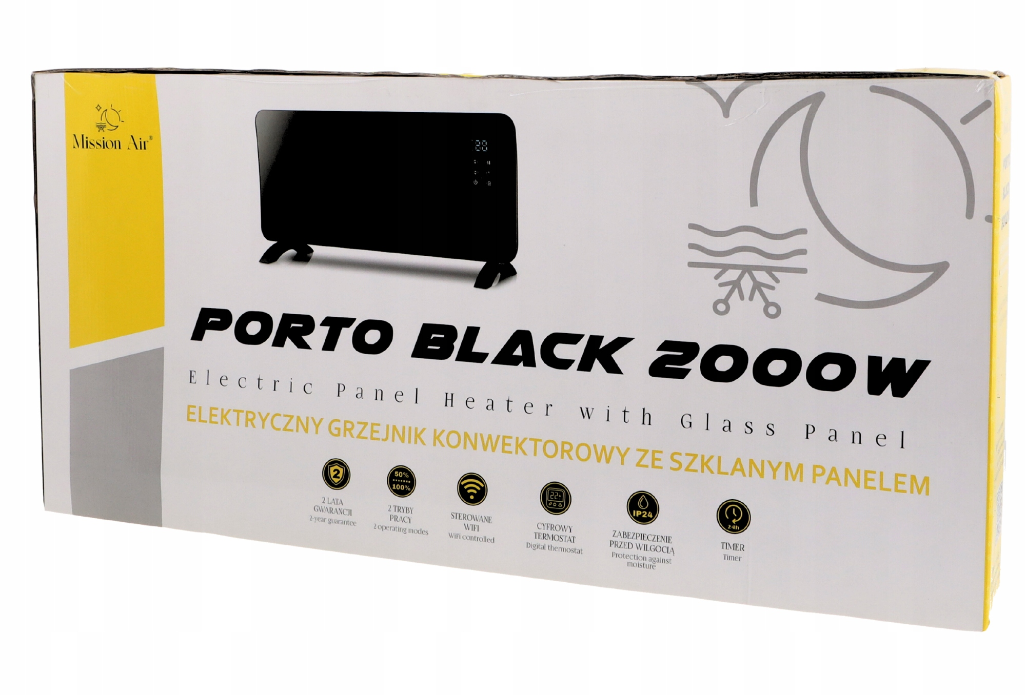 Pudełko czarnego elektrycznego grzejnika panelowego. Tekst brzmi 'PORTO BLACK 2000W' i zawiera funkcje takie jak Wi-Fi, timer i termostat.