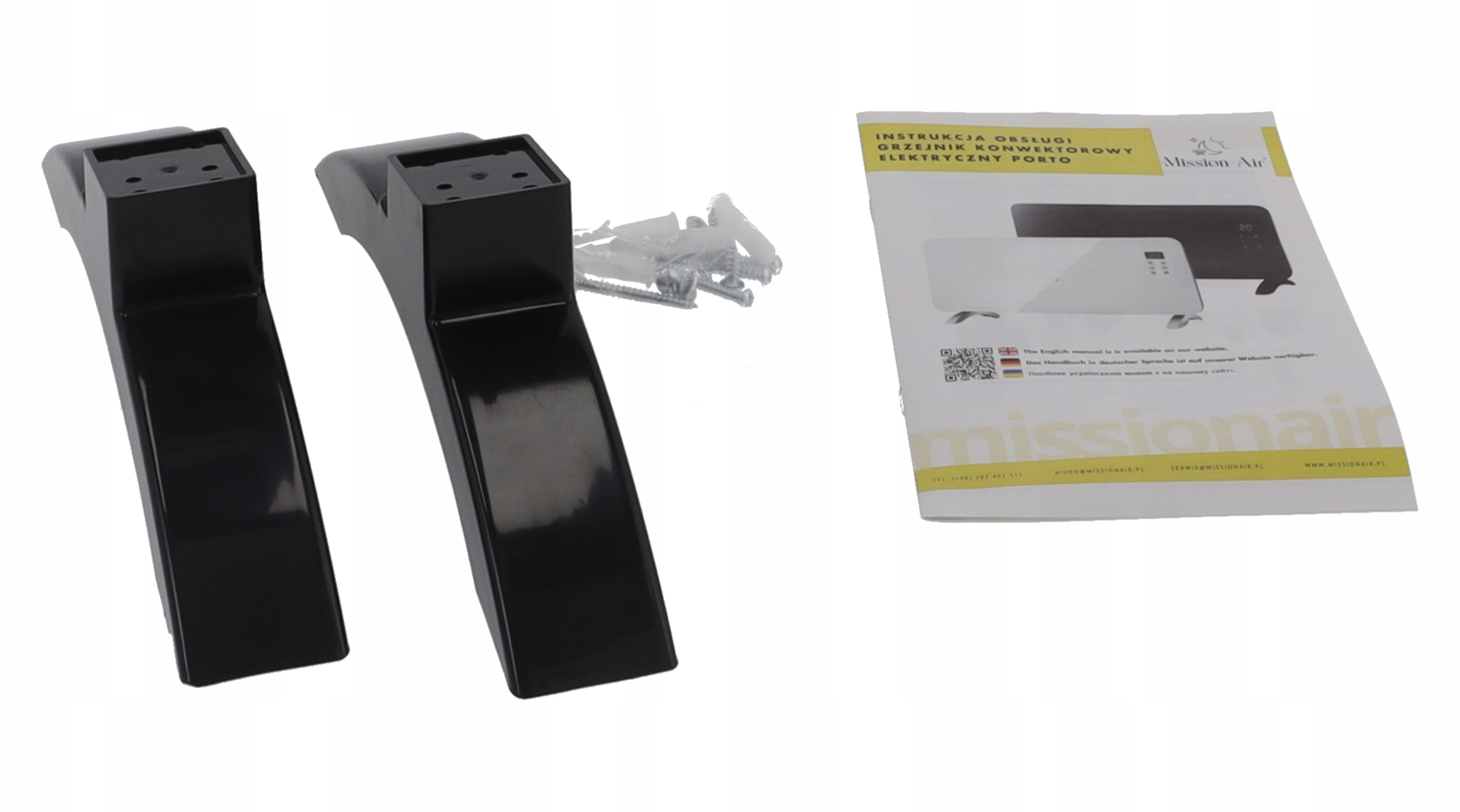 Obraz przedstawia dwie czarne podstawy grzejnika, śruby i instrukcję obsługi z napisem 'Mission Air'.