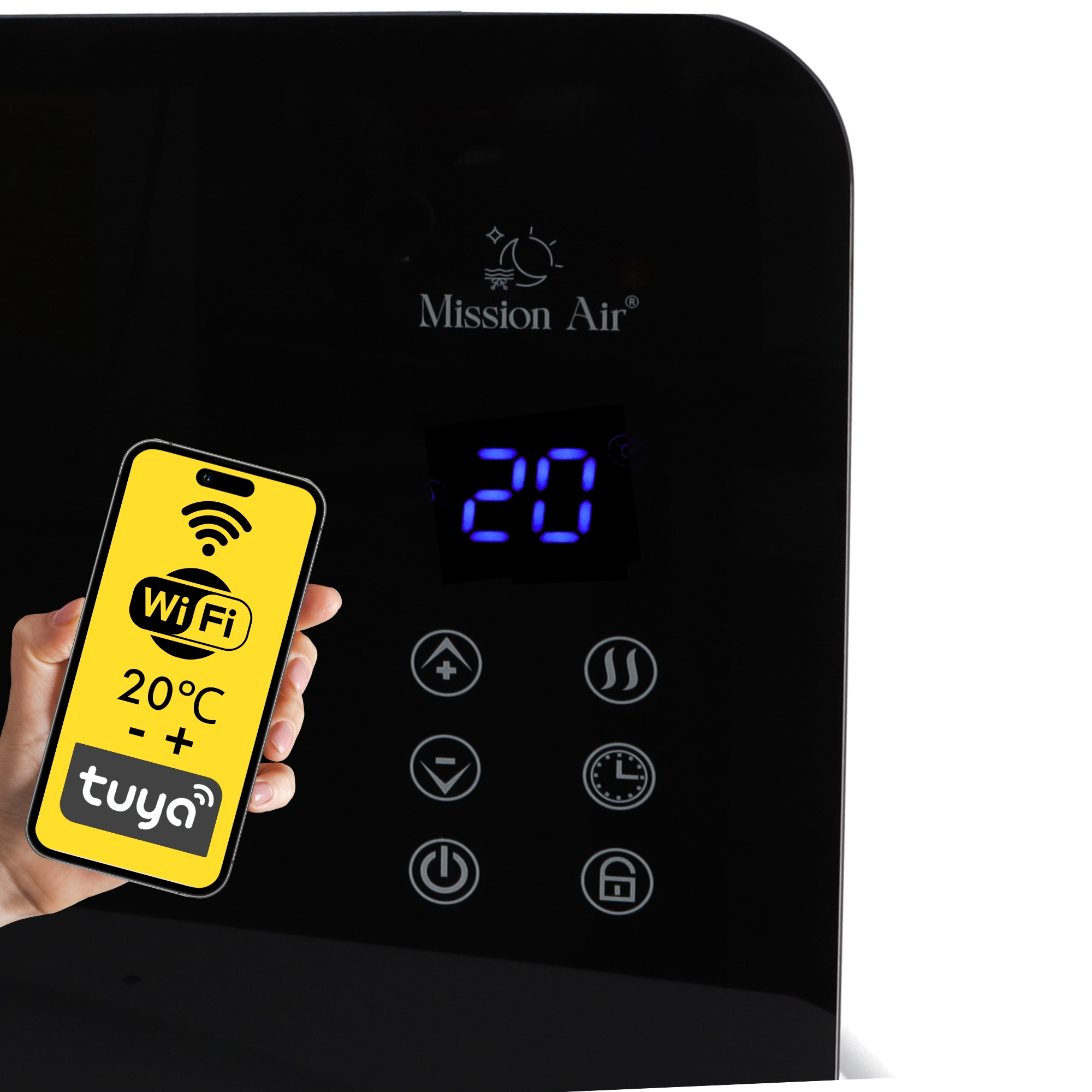 Dłoń trzyma telefon z Wi-Fi, 20°C i Tuya. Czarny panel pokazuje 20°C, przyciski i logo Mission Air.
