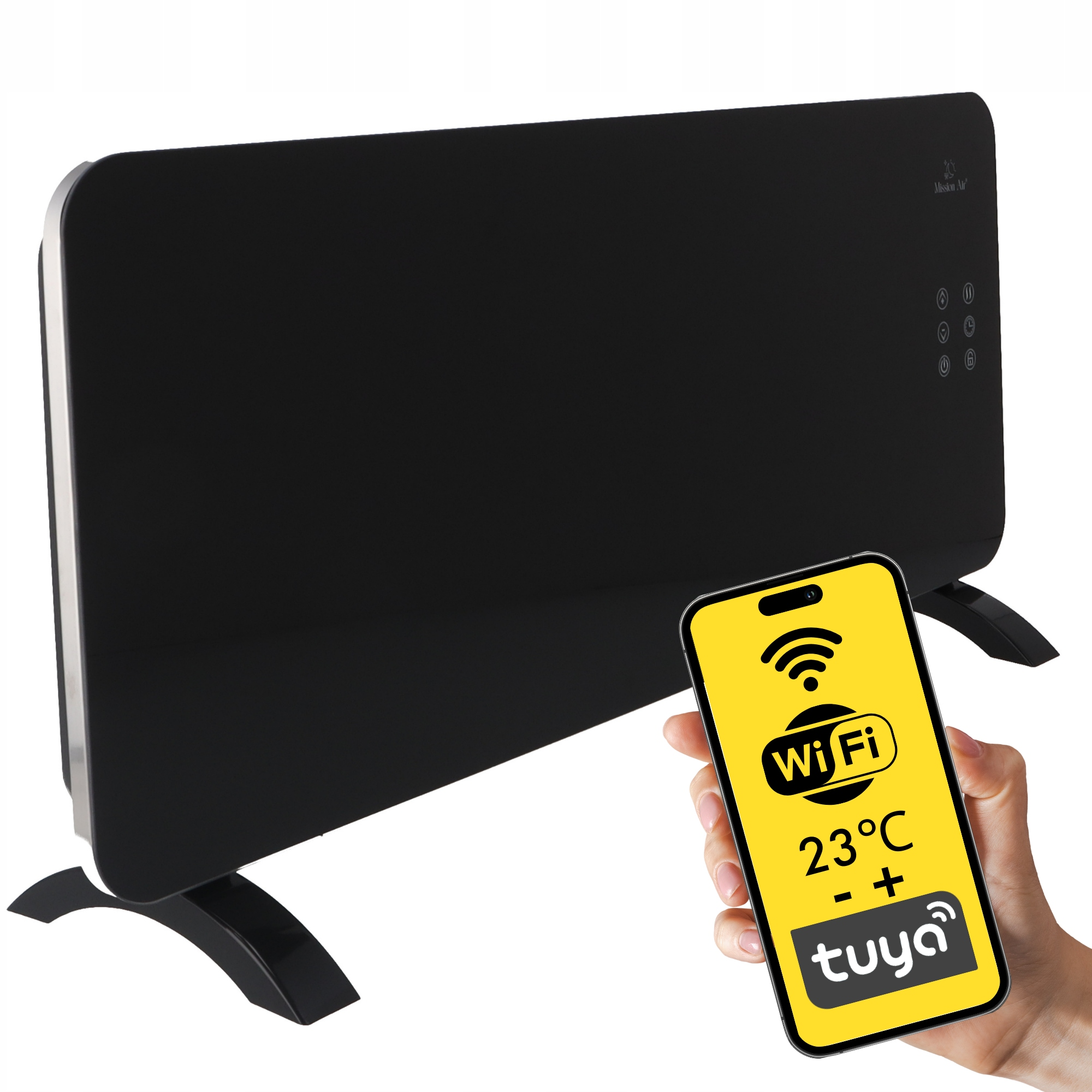 Czarny grzejnik panelowy ze smartfonem z Wi-Fi, 23°C i logo Tuya.