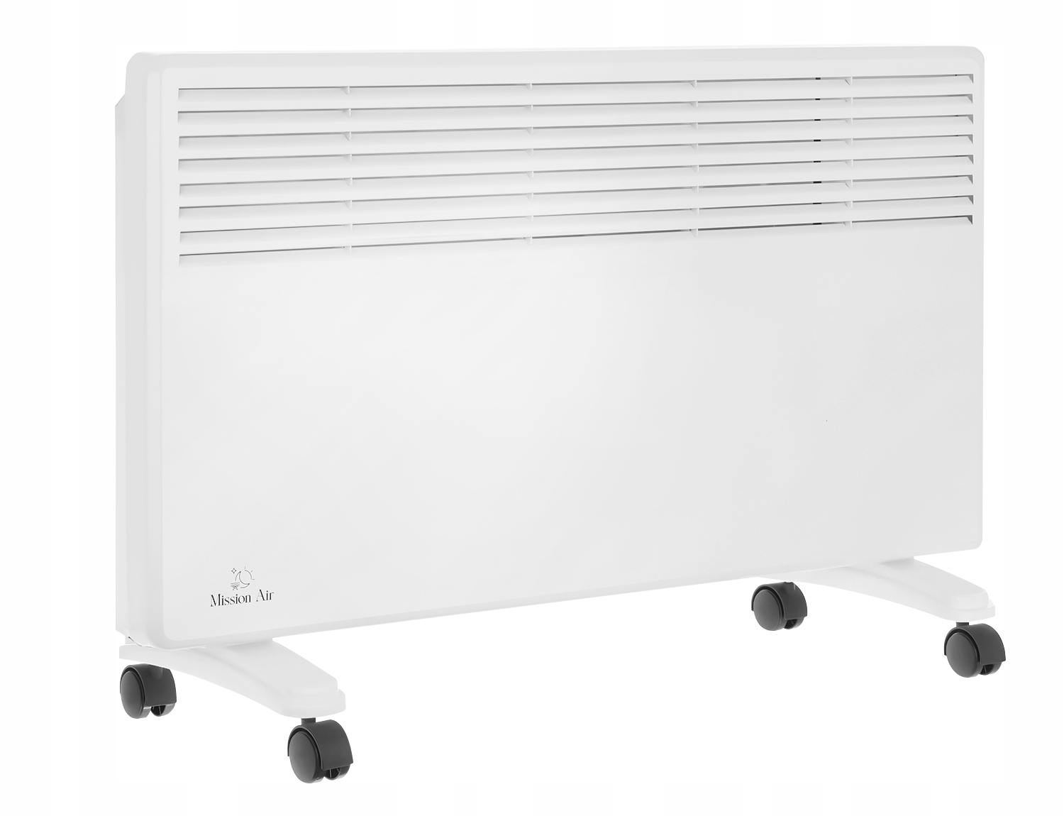 Biały grzejnik elektryczny z żaluzjowym blatem i kółkami. Z przodu widnieje nazwa marki 'Mission Air'.
