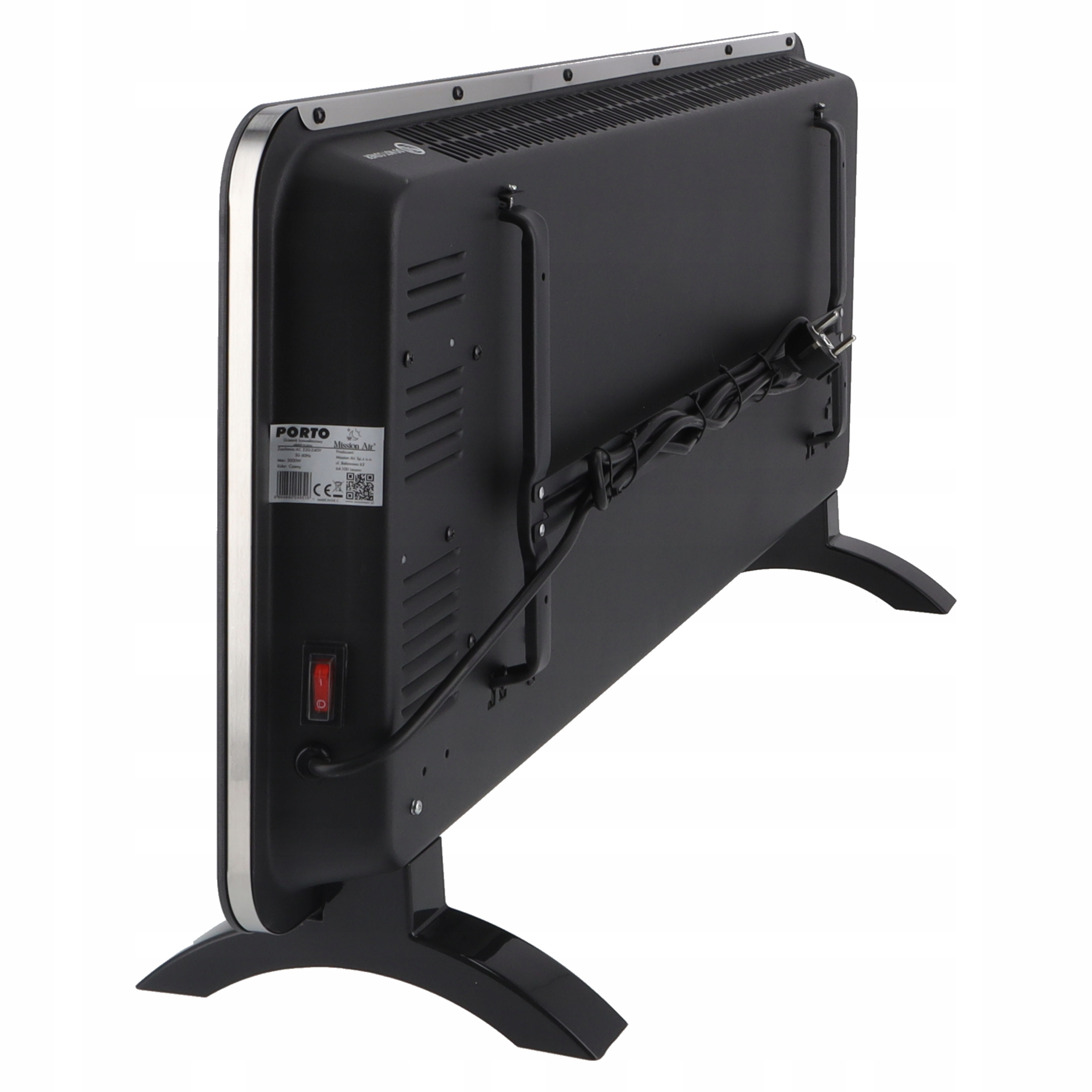 Czarny grzejnik elektryczny ze srebrną obwódką, przewodem zasilającym i czerwonym włącznikiem/wyłącznikiem. Stoi na czarnych nóżkach.