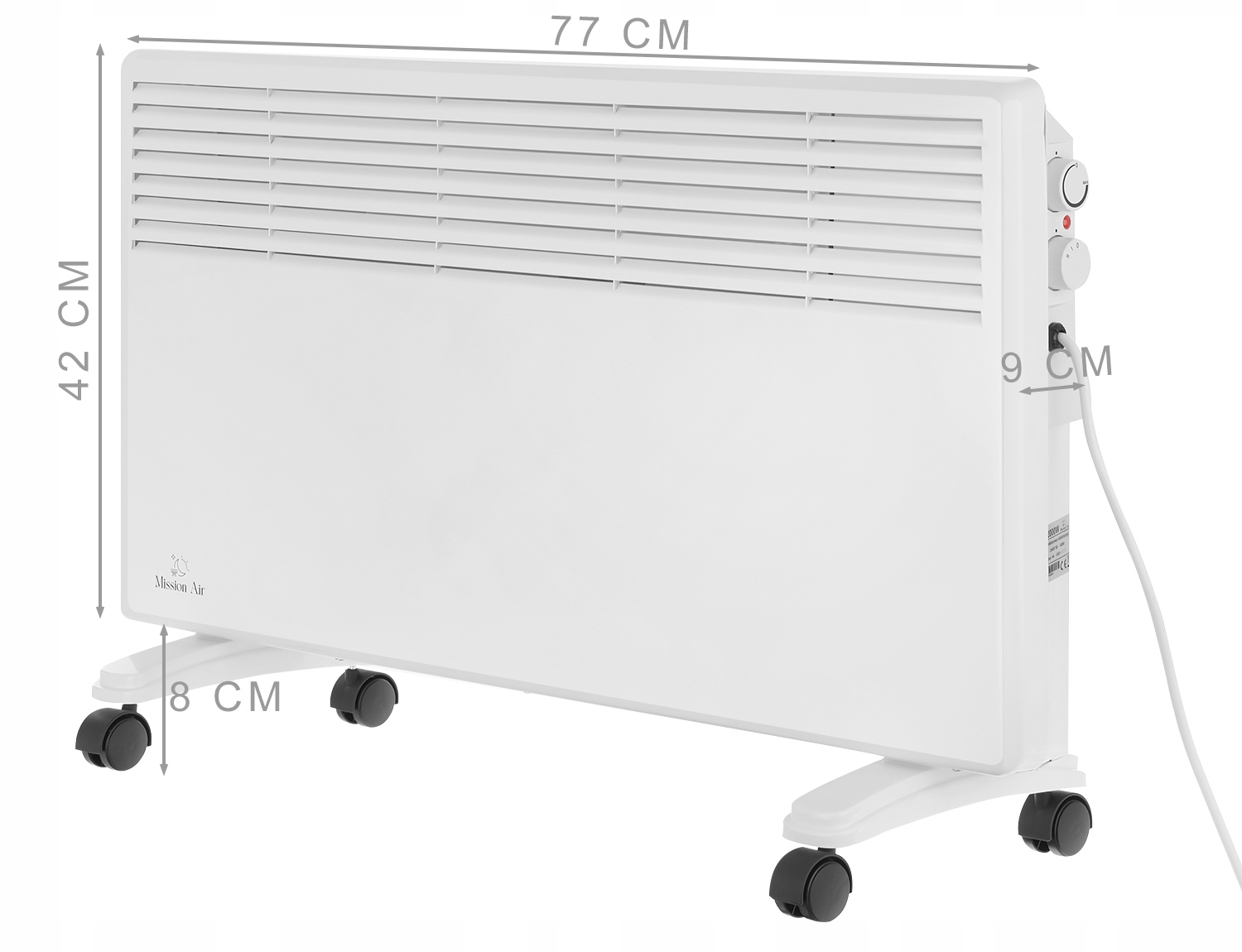 Biały grzejnik elektryczny z kółkami i ustawieniami, wymiary 77x42x8 cm. Dołączony jest przewód zasilający.