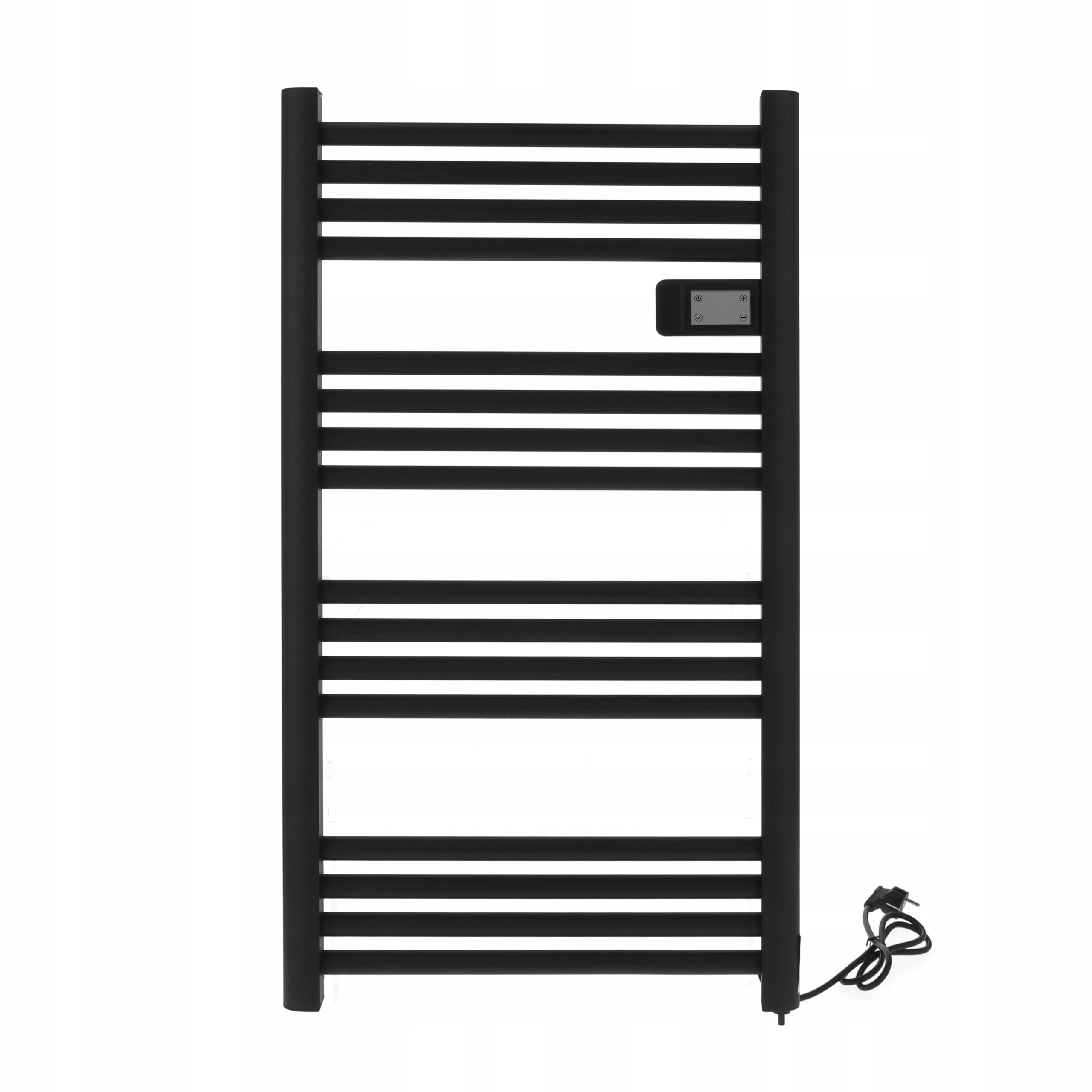 Czarny grzejnik do ręczników z poziomymi prętami. Panel sterowania jest pośrodku. Przewód zasilający zwisa w dół.