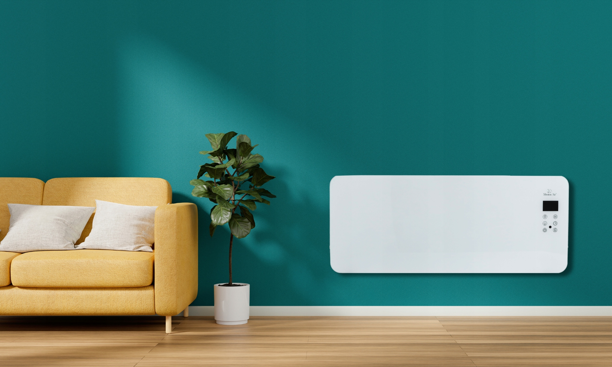 Żółta sofa z poduszkami, roślina w białej donicy, biały grzejnik na turkusowej ścianie, drewniana podłoga.