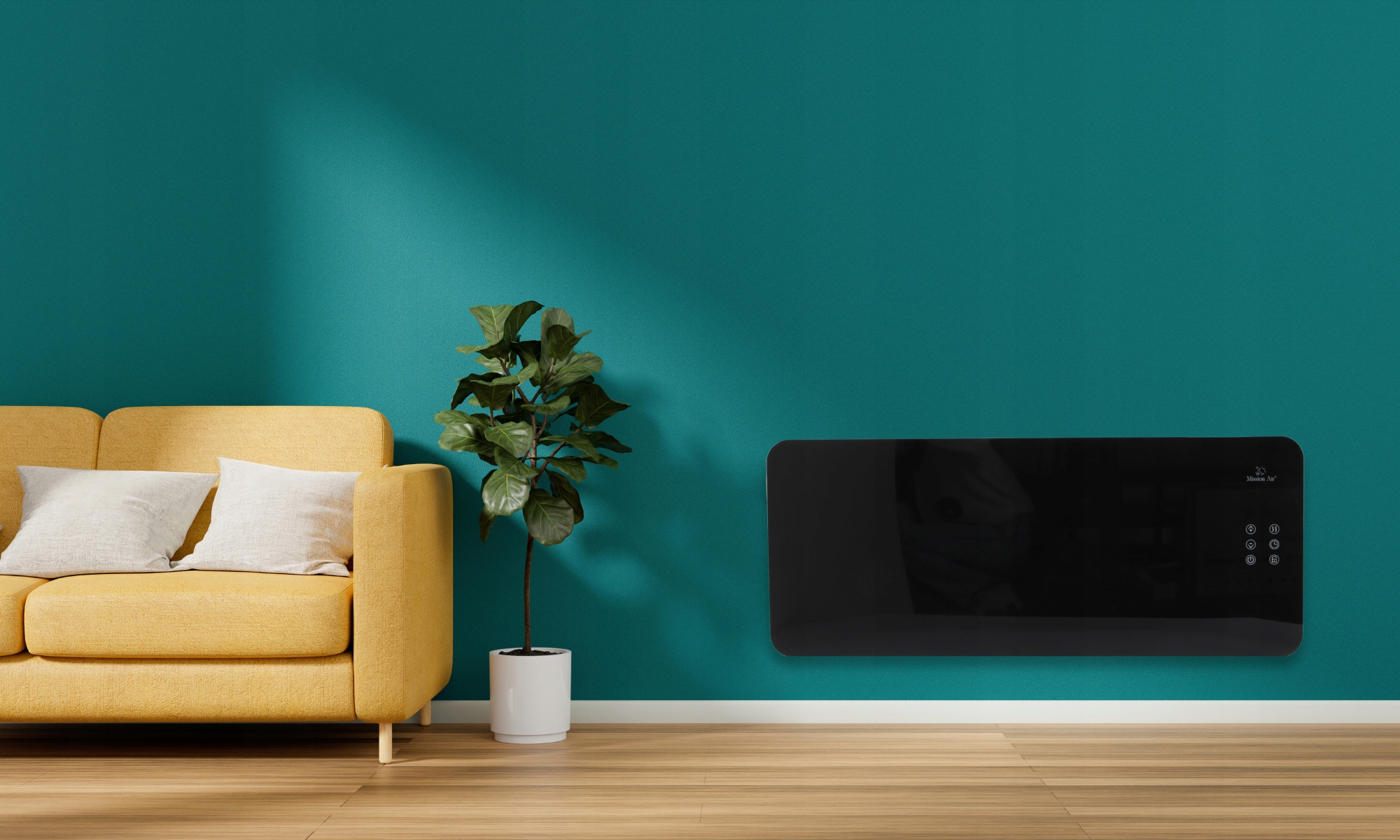 Żółta kanapa z białymi poduszkami, roślina w białej doniczce i czarny grzejnik na turkusowej ścianie.