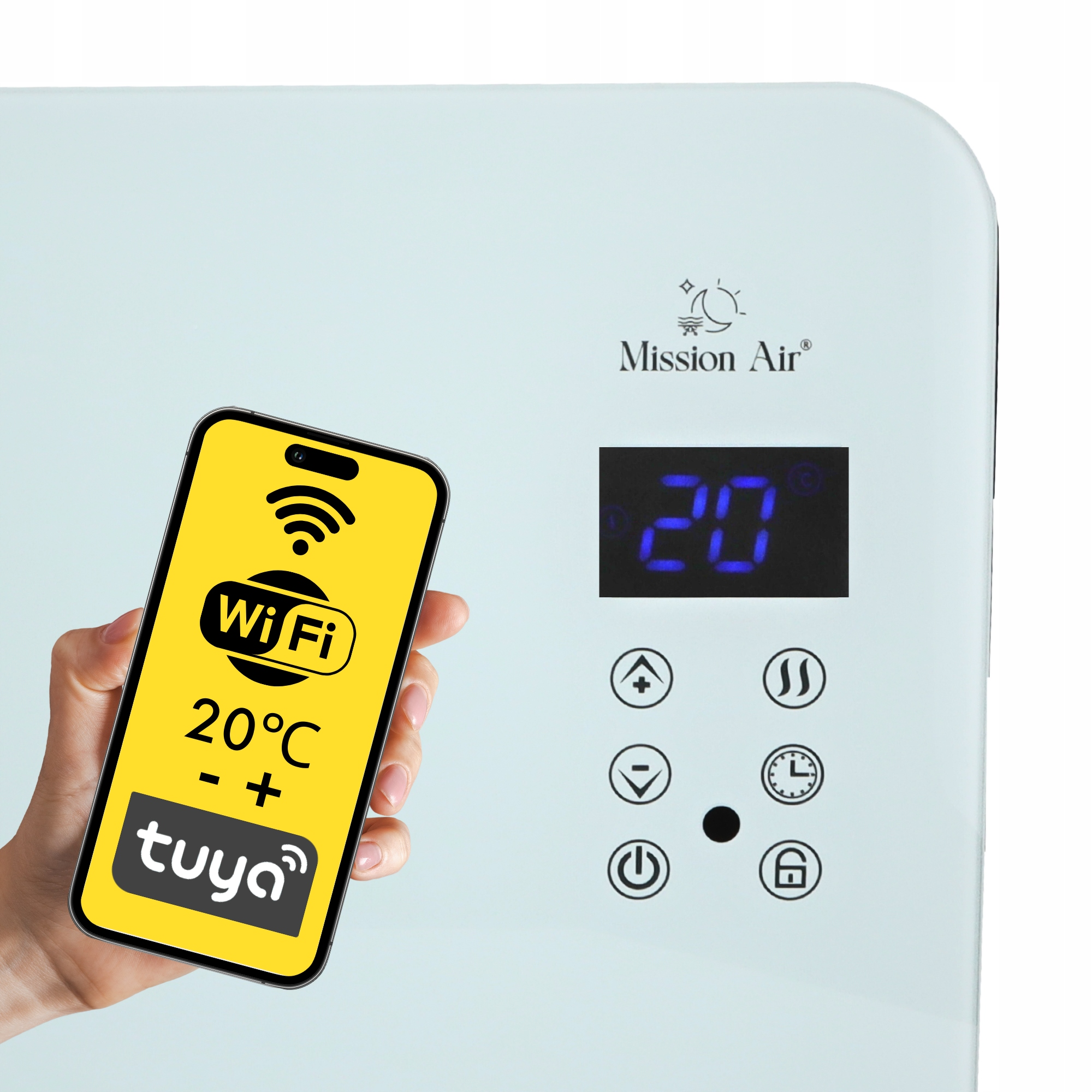 Dłoń trzyma telefon z 20°C WiFi i Tuya. Z tyłu biały panel wyświetla temperaturę i przyciski sterowania.