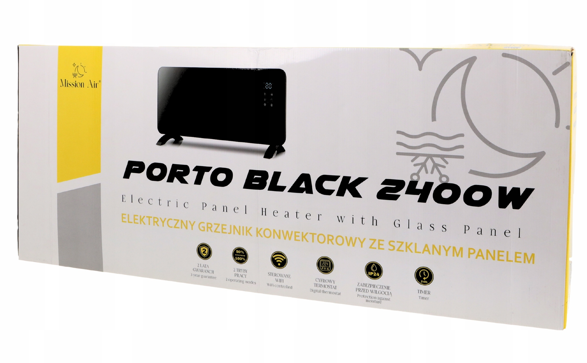 Pudełko czarnego elektrycznego grzejnika panelowego. Tekst: 'PORTO BLACK 2400W'. Cechy: wyświetlacz cyfrowy i sterowanie Wi-Fi.