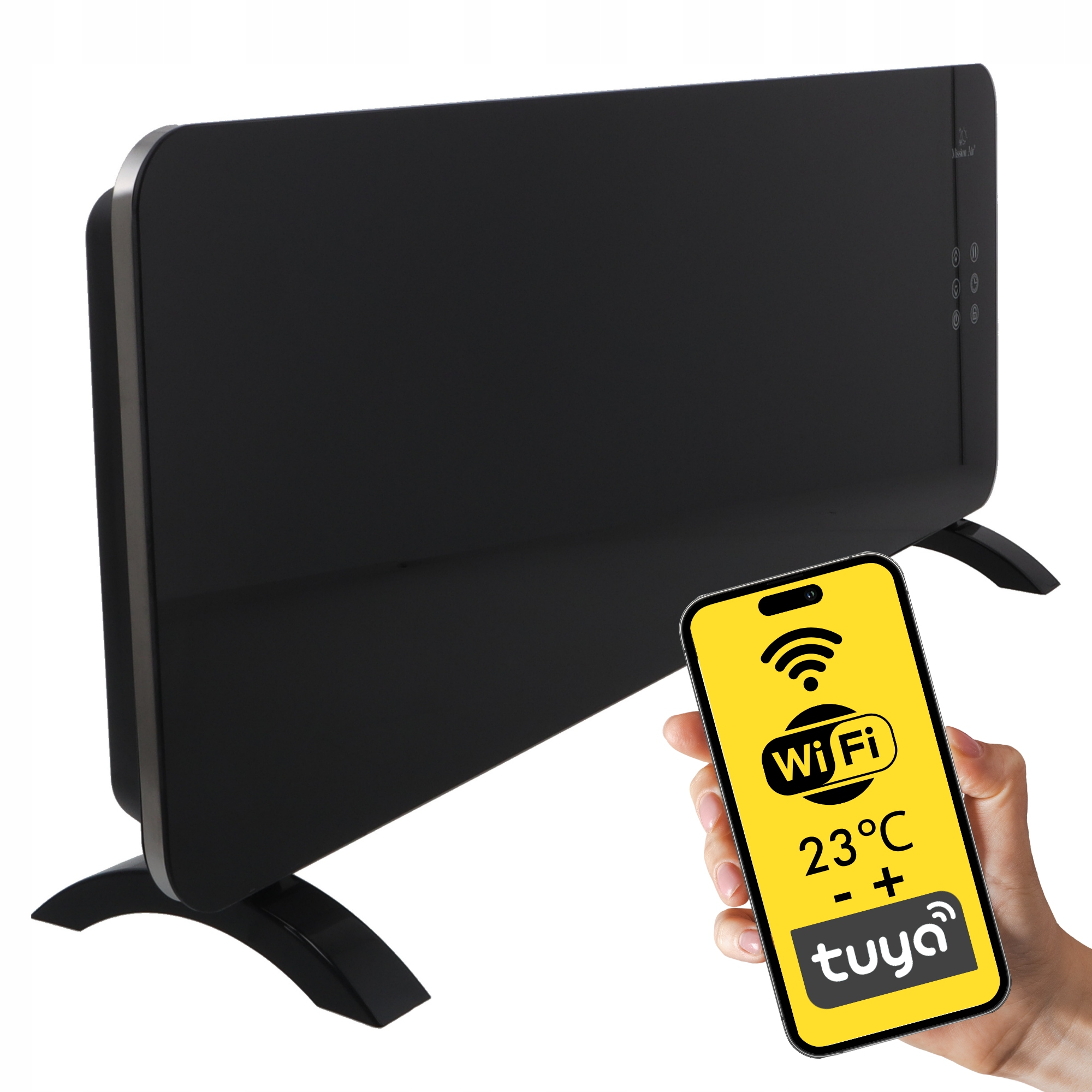 Czarny grzejnik z telefonem pokazującym 23°C i Wi-Fi. Ręka trzyma telefon w pobliżu grzejnika.