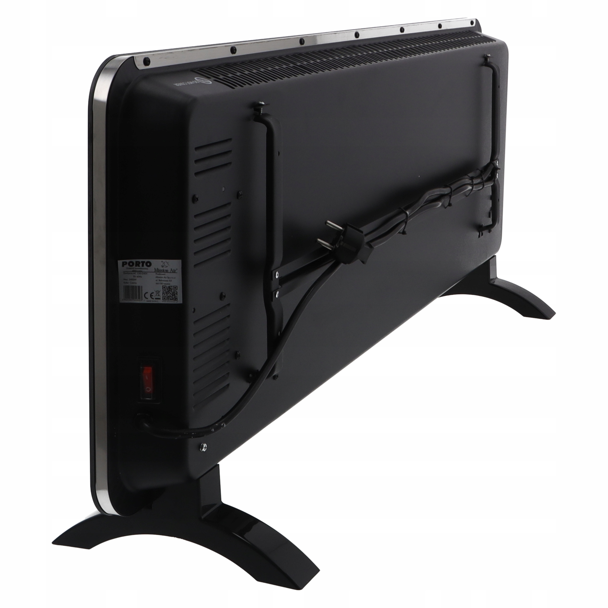 Czarny grzejnik elektryczny na białym tle. Ma przewód zasilający i czerwony przełącznik. Nogi są czarne.