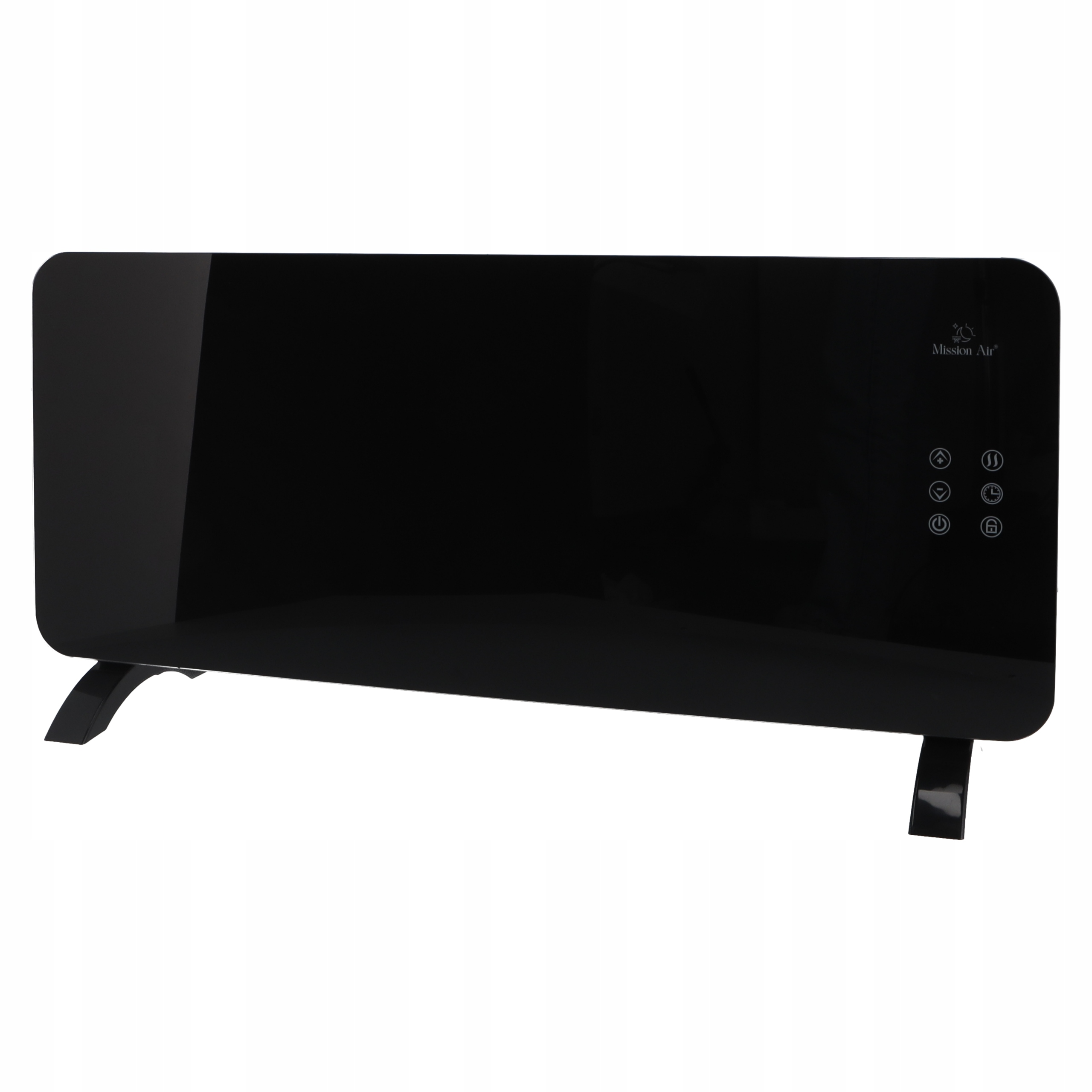 Czarny grzejnik elektryczny Mission Air z przyciskami sterowania i nóżkami na białym tle.