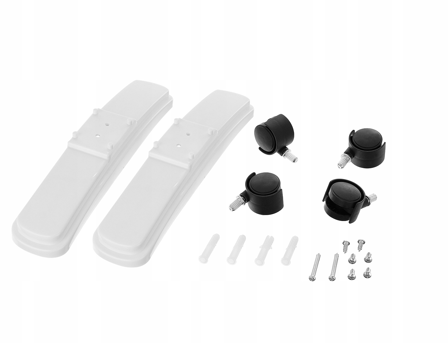 Białe plastikowe części mebli: dwa długie elementy, cztery czarne kółka, śruby i kołki. Wszystko na białym tle.