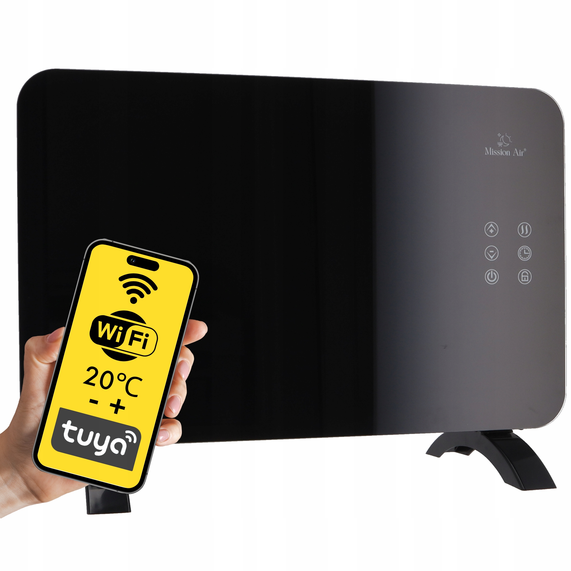Pokazano czarny grzejnik Mission Air. Ręka trzyma telefon z Wi-Fi, 20°C i Tuya. Grzejnik ma przyciski sterowania.