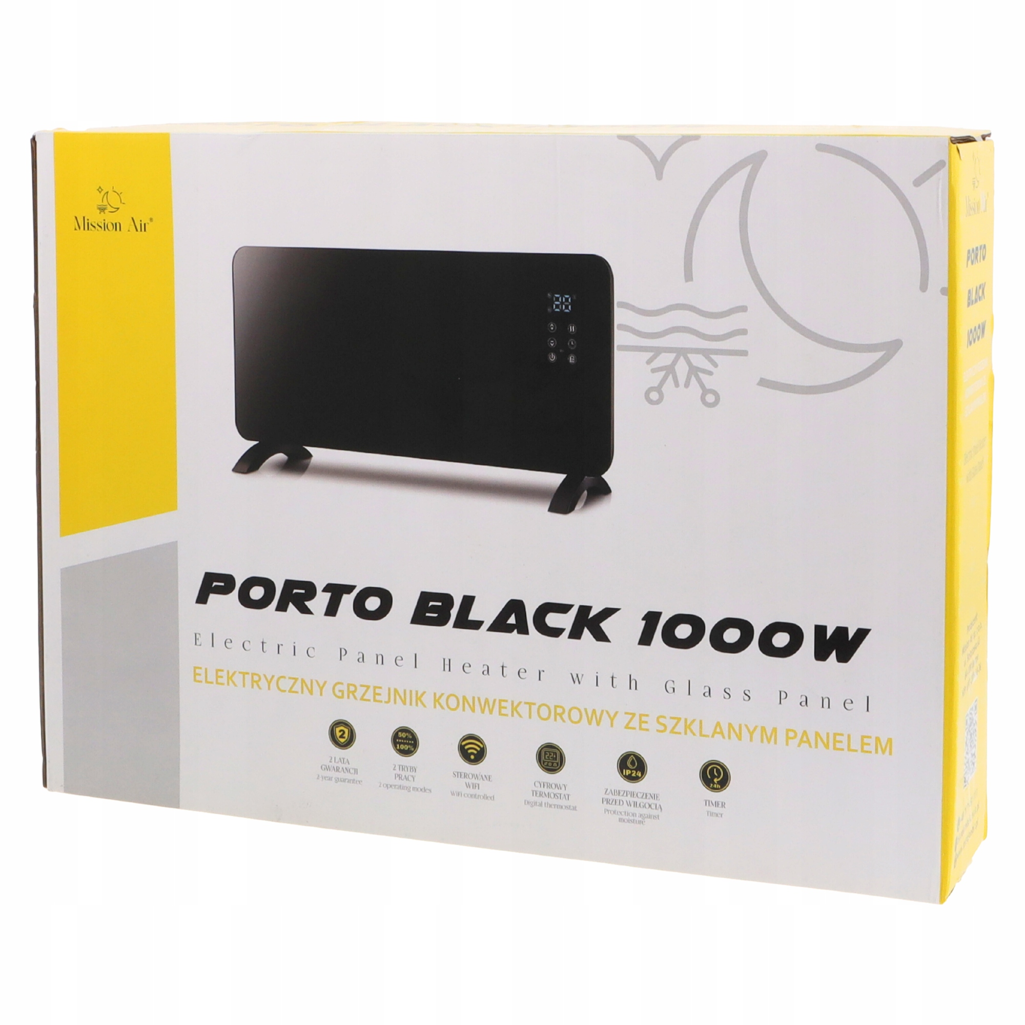Pudełko czarnego elektrycznego grzejnika panelowego. Pudełko jest biało-żółte. Nazwa produktu to Porto Black 1000W.
