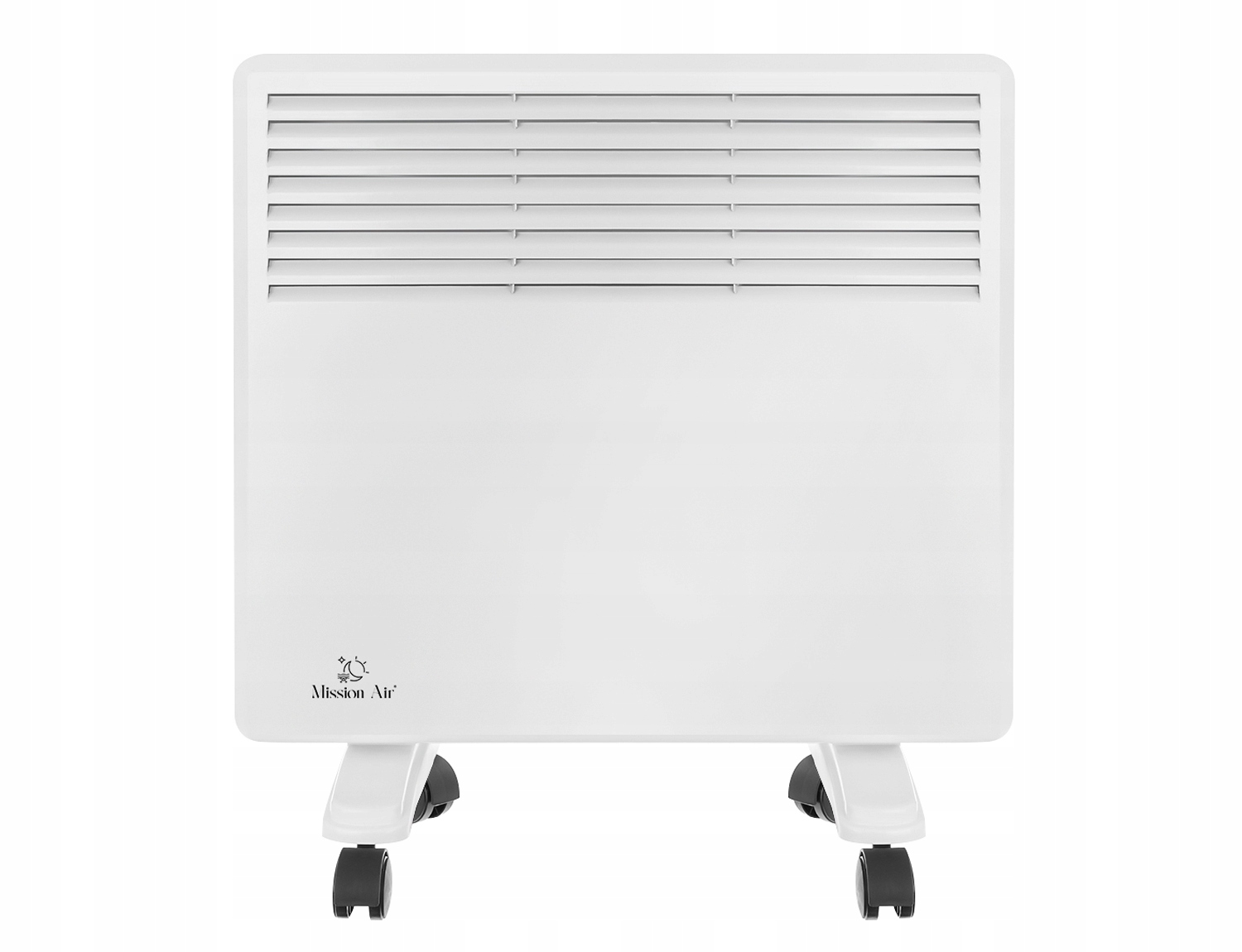 Biały grzejnik elektryczny z poziomymi listwami u góry, logo Mission Air i kółkami u dołu, na białym tle.