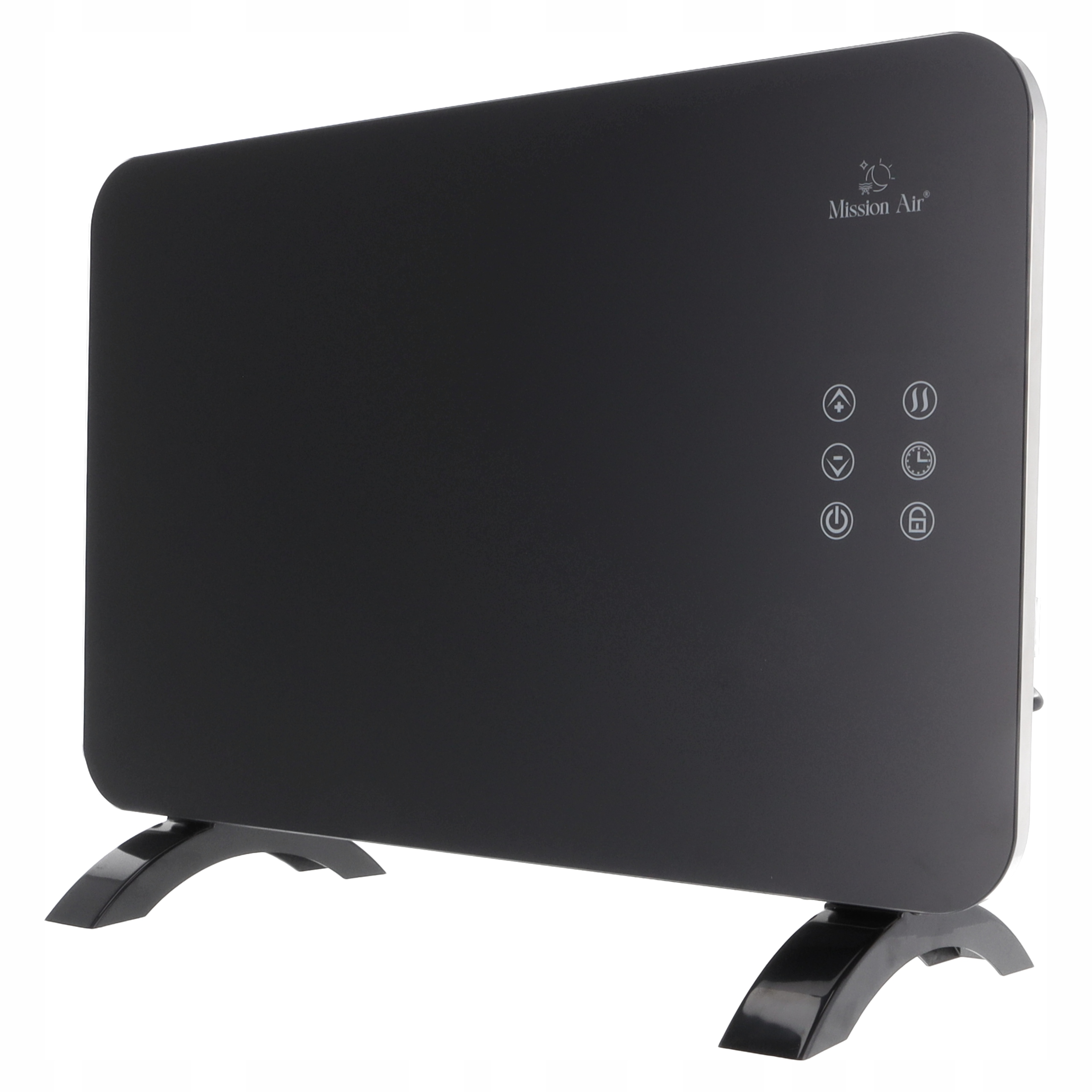 Czarny grzejnik Mission Air z przyciskami sterowania, logo i podstawą. Biała rama, błyszczące wykończenie. Na białym tle.