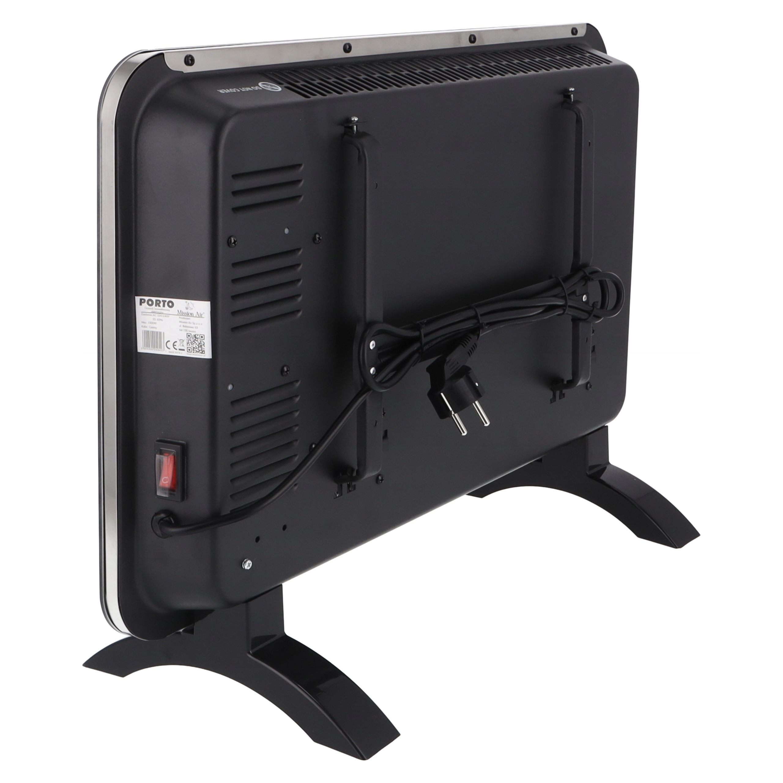 Czarny grzejnik elektryczny, widok z tyłu. Posiada przewód zasilający, włącznik i etykietę. Ma czarny stojak.