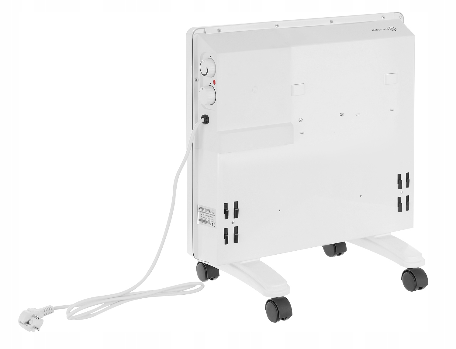 Biały grzejnik elektryczny na kółkach. Ma pokrętła regulacyjne z boku i przewód zasilający z wtyczką.