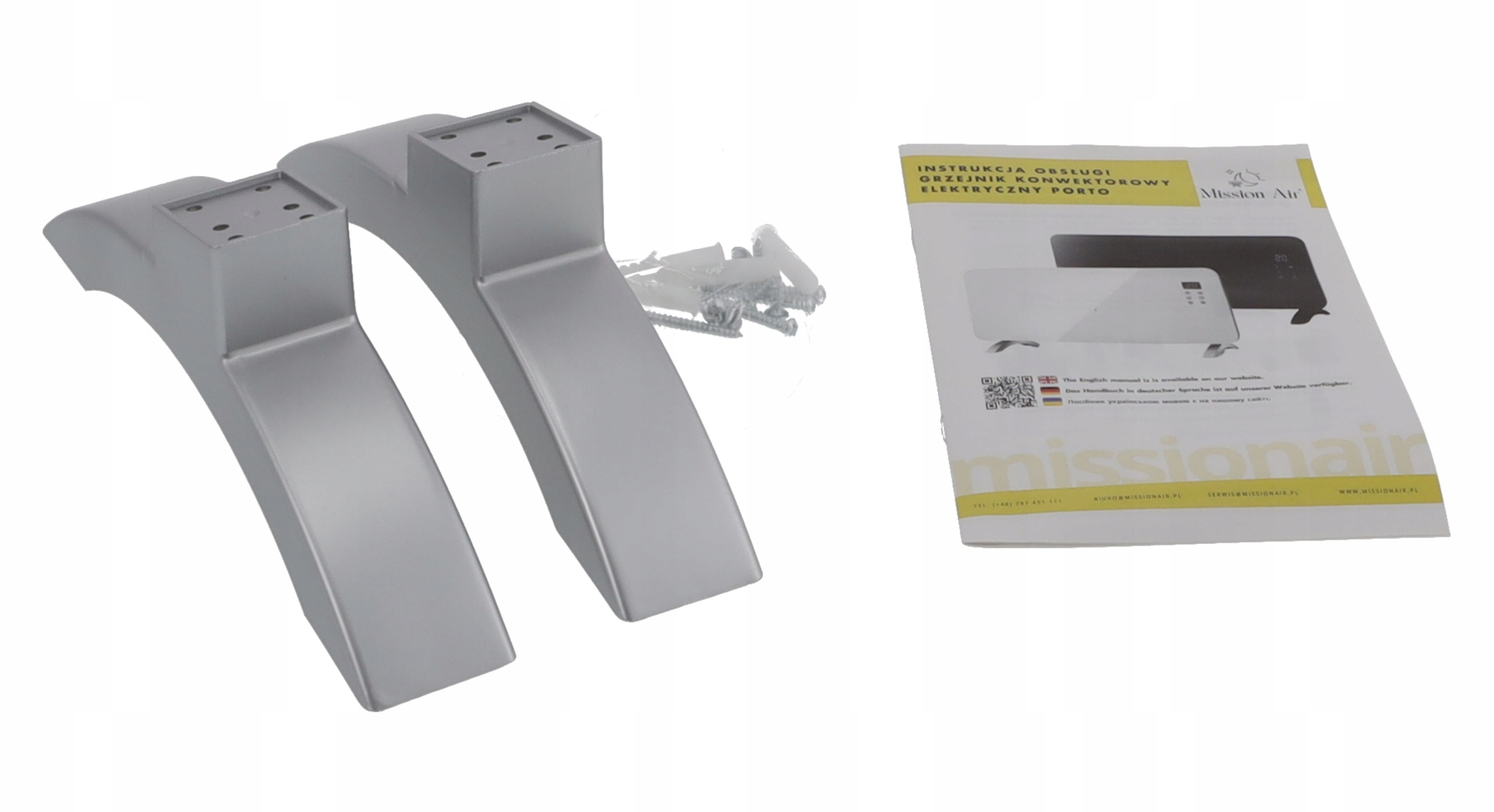 Dwa srebrne stojaki do grzejnika, śruby i instrukcja. Instrukcja zawiera markę Mission Air.