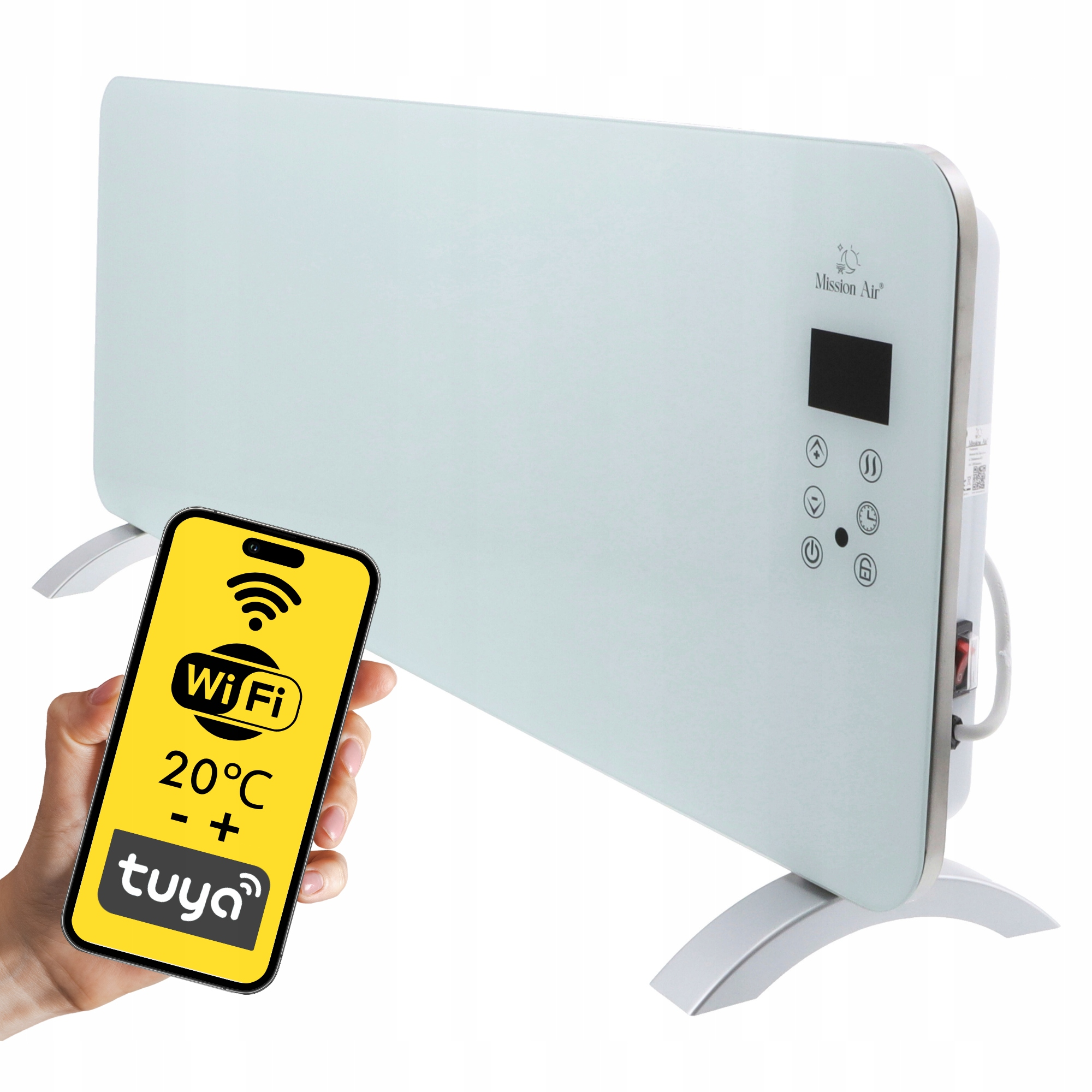 Ręka trzyma telefon z Wi-Fi, temperaturą i aplikacją Tuya. Za nim biały grzejnik.