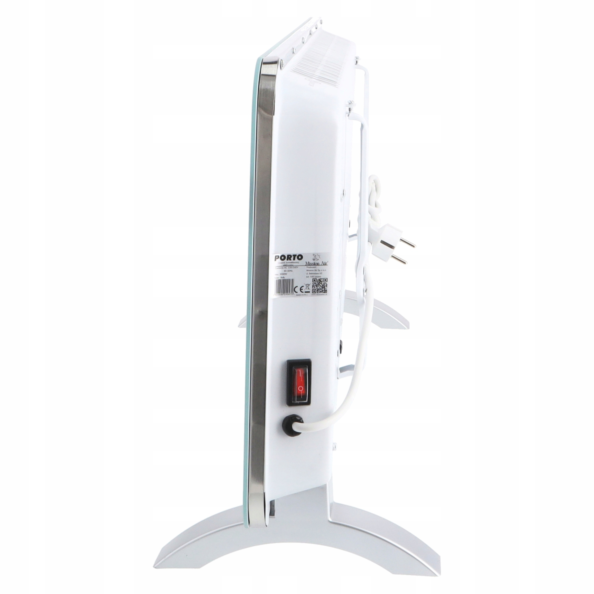 Biały grzejnik elektryczny z widokiem z boku, pokazujący włącznik, wtyczkę i podpory.