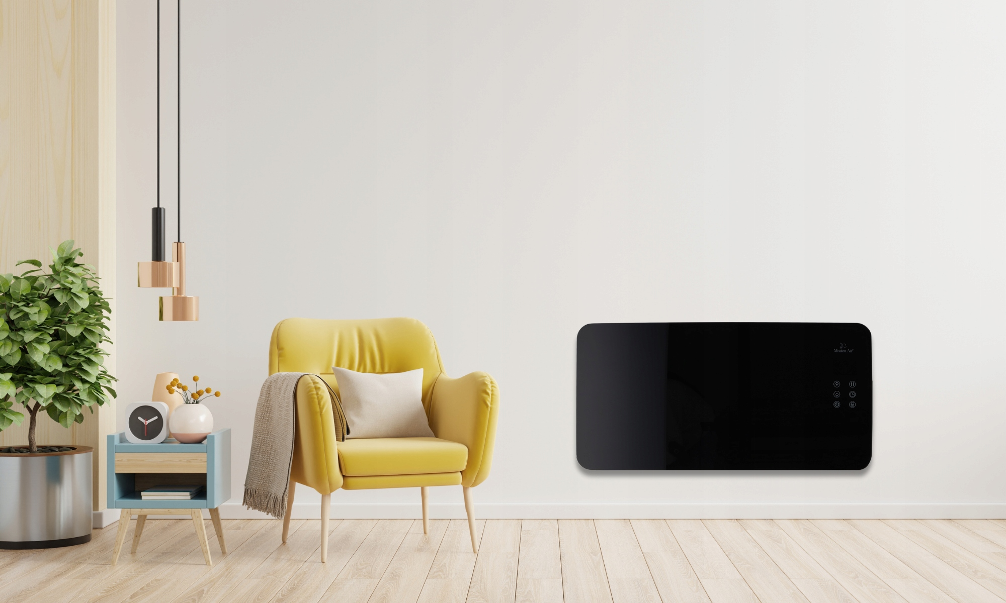 Nowoczesny salon z żółtym fotelem, czarnym grzejnikiem ściennym, małym stolikiem, rośliną i wiszącymi lampami.