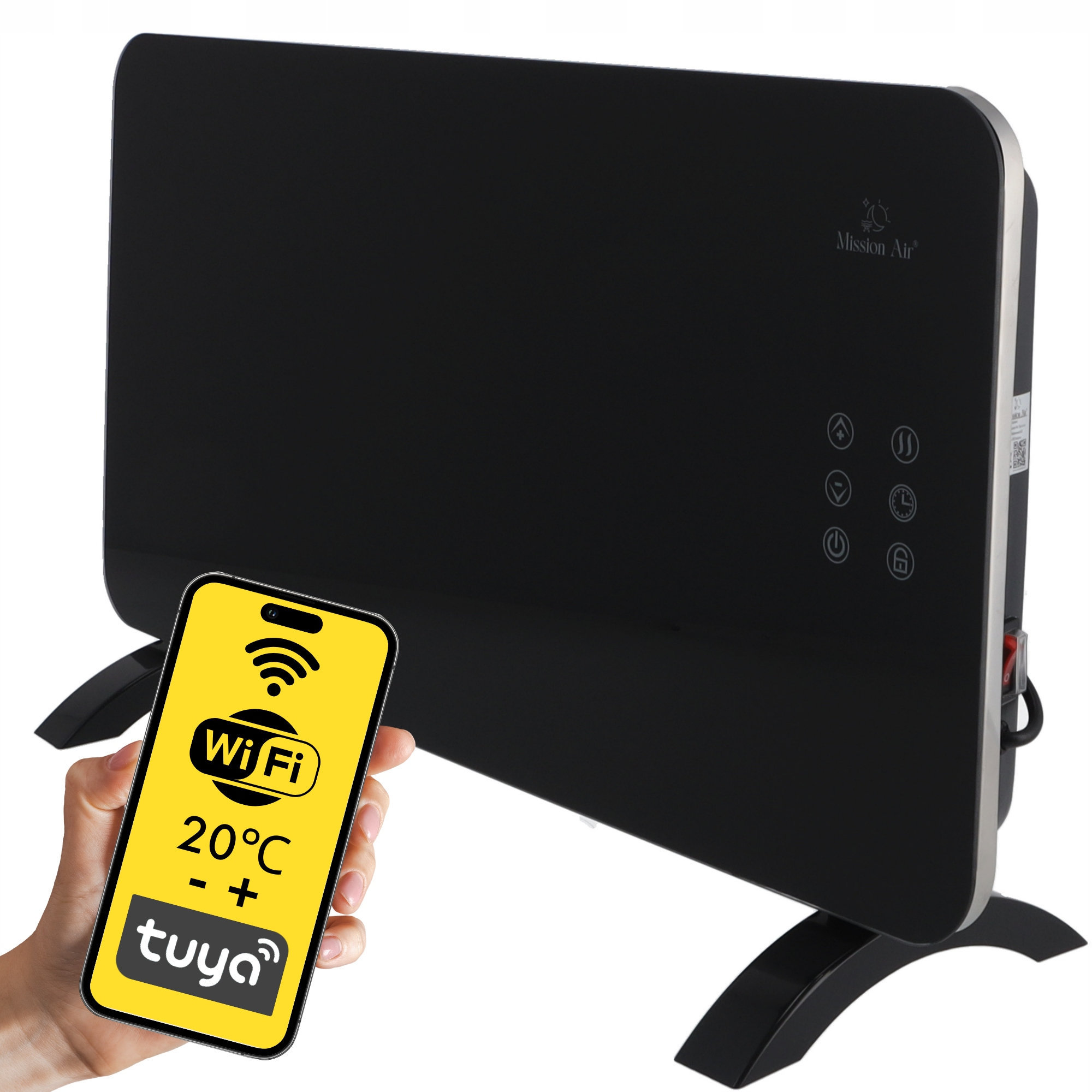 Czarny grzejnik z smartfonem pokazującym Wi-Fi, 20°C i tuya. Marka to Mission Air.