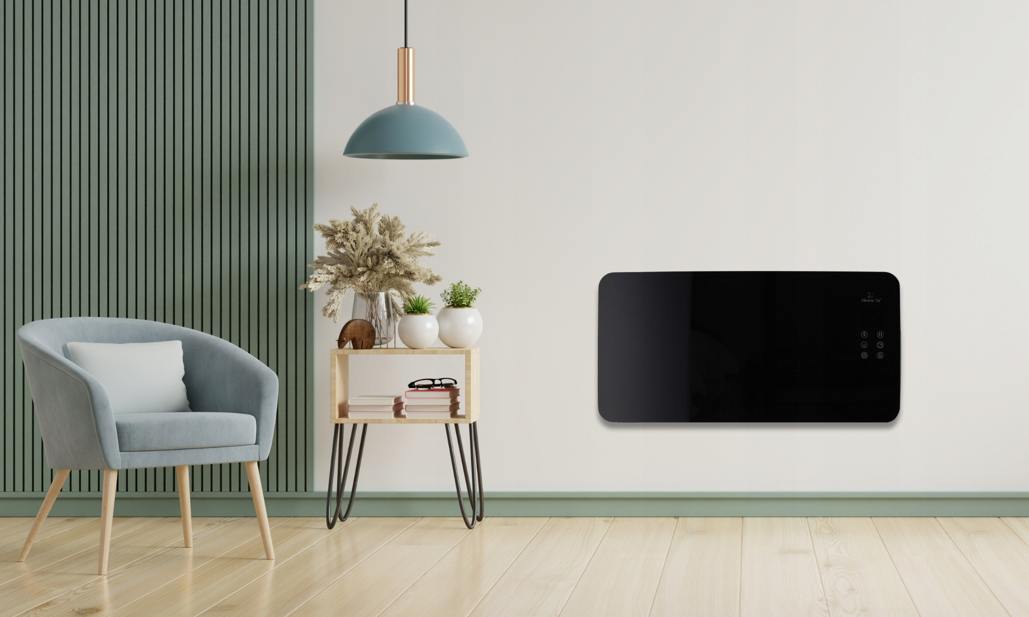 Nowoczesny salon z czarnym grzejnikiem na ścianie, krzesłem i stolikiem z dekoracjami.