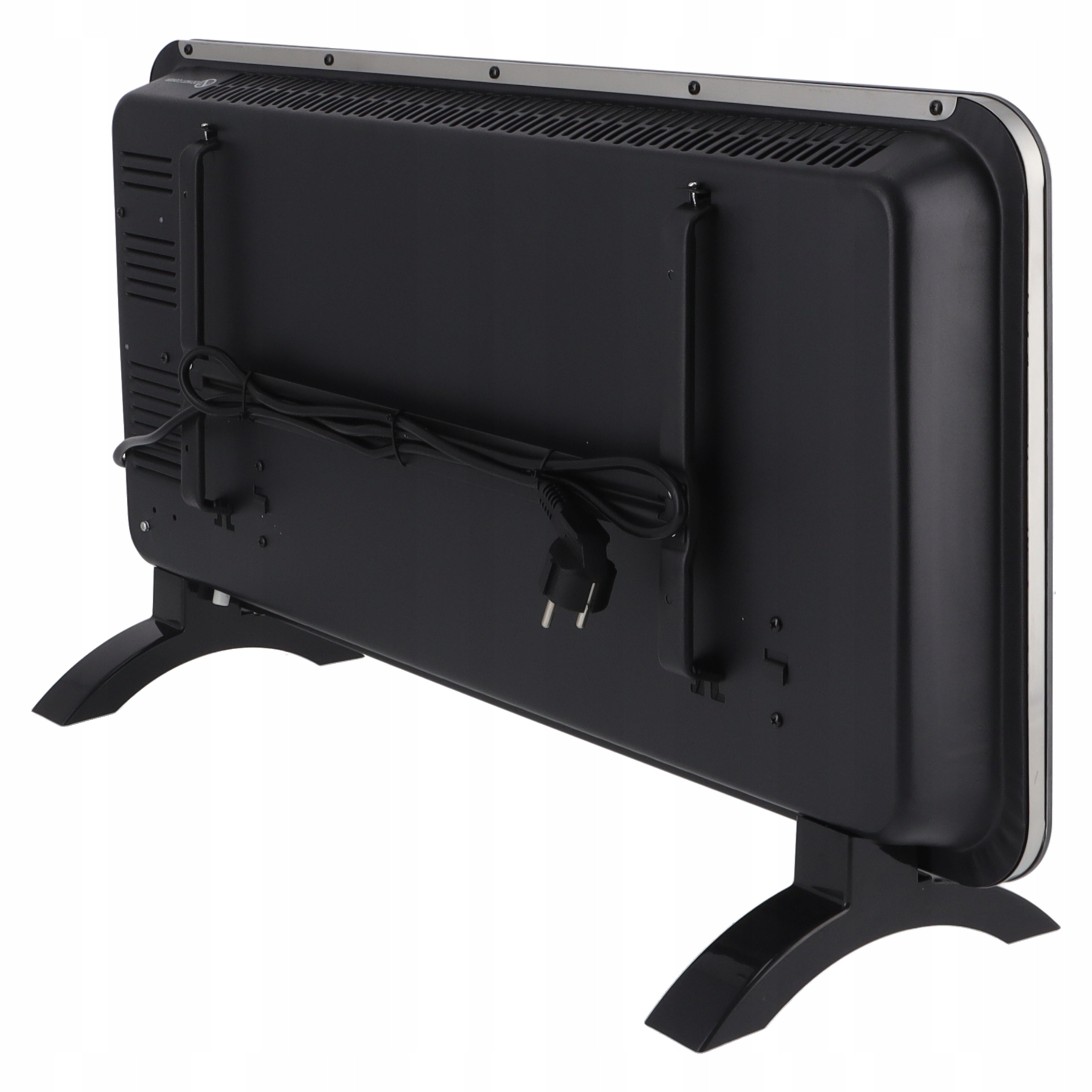 Widok z tyłu czarnego grzejnika elektrycznego. Ma czarne nogi, srebrny wierzch i przewód z wtyczką.