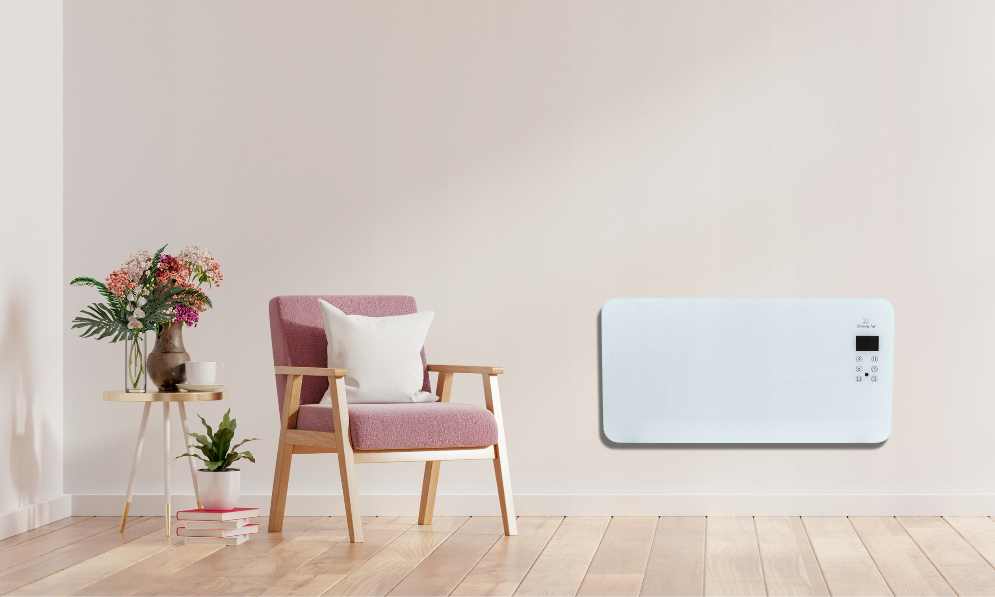 Pokój z różowym krzesłem, białą poduszką i białym grzejnikiem na ścianie. Stolik boczny z kwiatami po lewej.