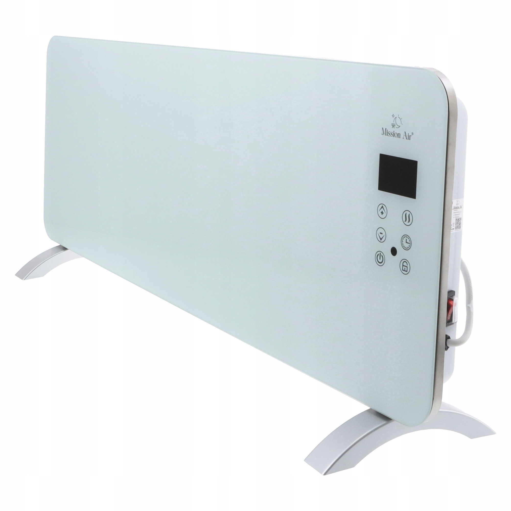 Biały grzejnik elektryczny z cyfrowym wyświetlaczem i przyciskami sterowania. Ma zakrzywione srebrne nóżki, a marka to Mission Air.