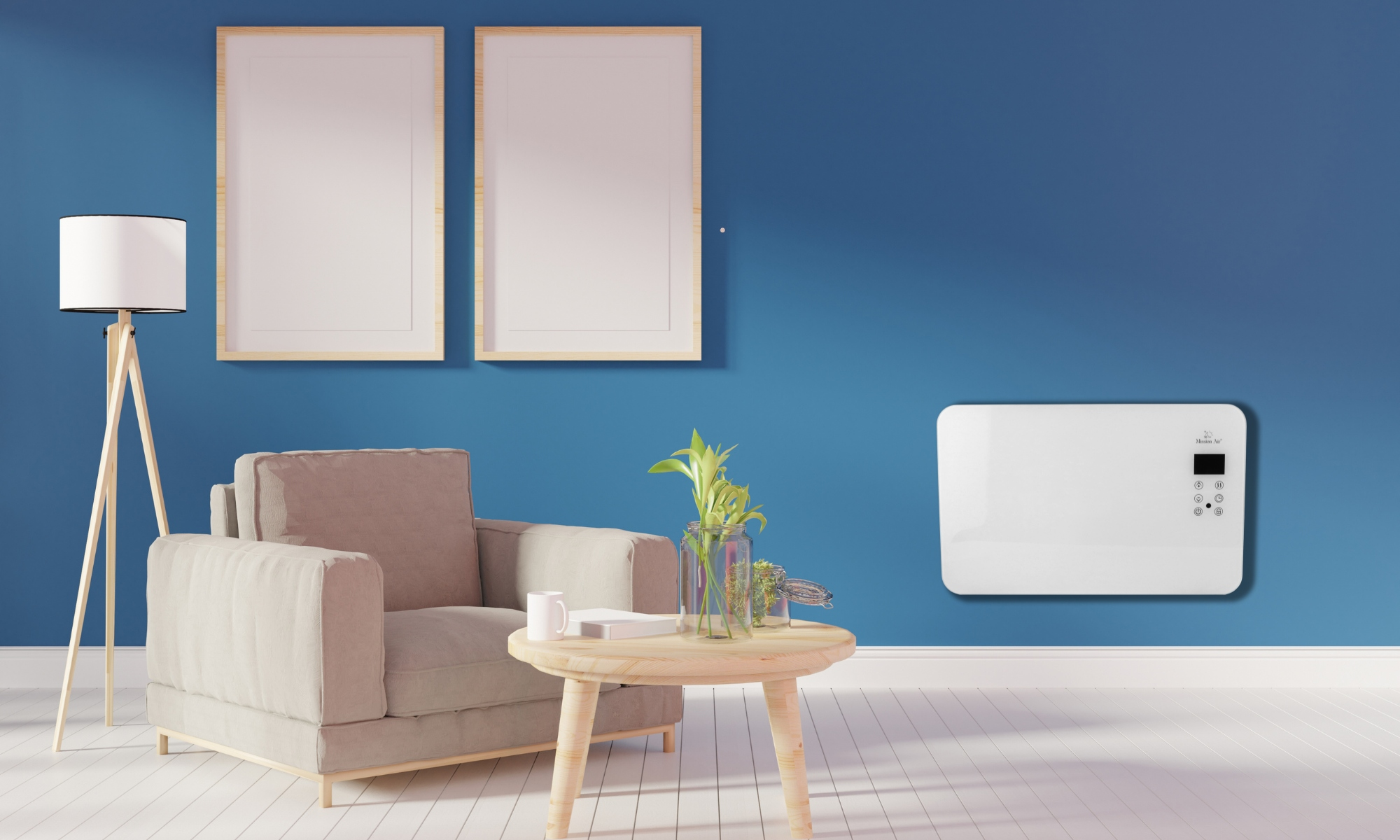 Nowoczesny salon z beżowym fotelem, drewnianym stołem, lampą i niebieską ścianą z dwoma oprawionymi obrazami i białym grzejnikiem.