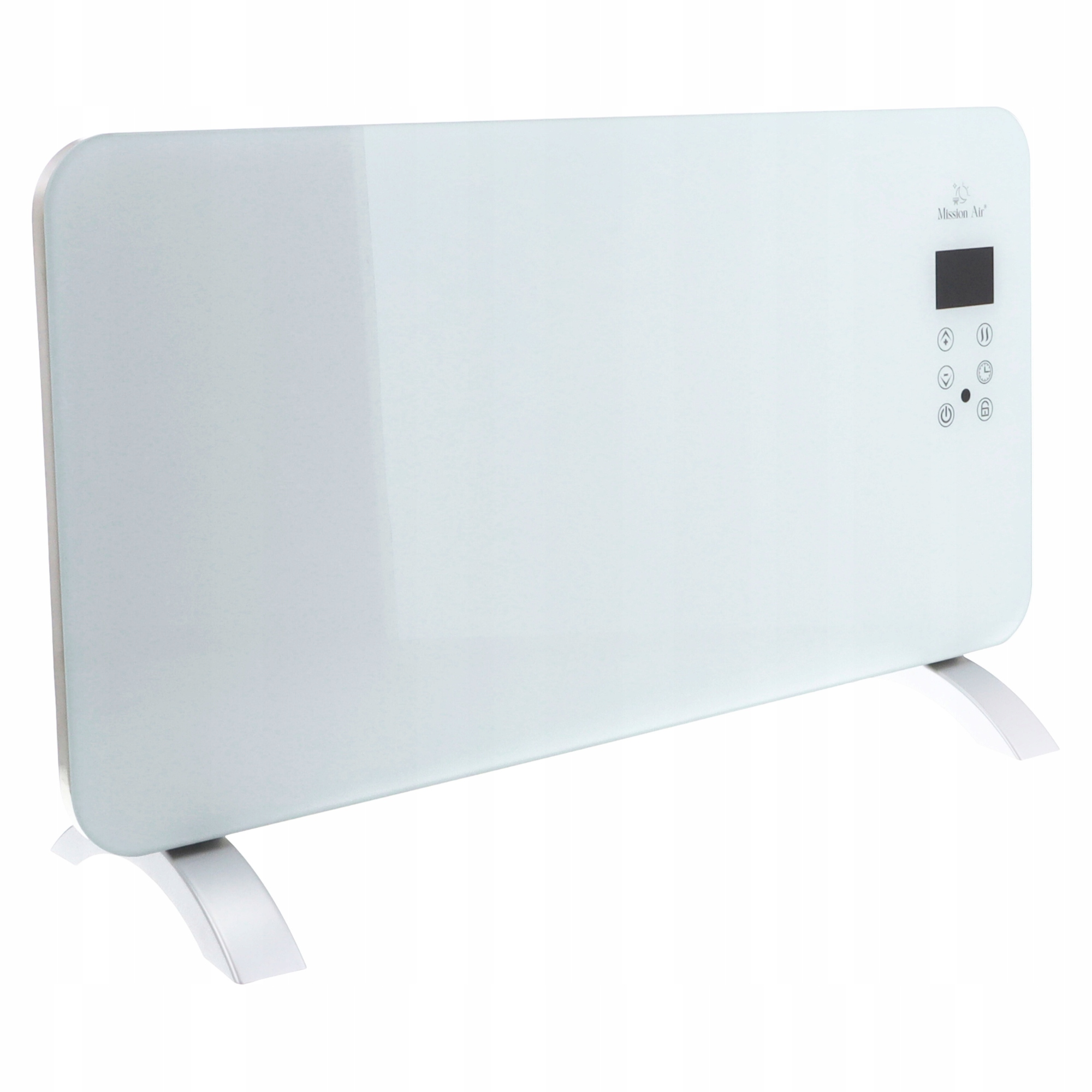 Biały grzejnik elektryczny na białych nóżkach. Posiada cyfrowy wyświetlacz i przyciski sterowania po prawej stronie.