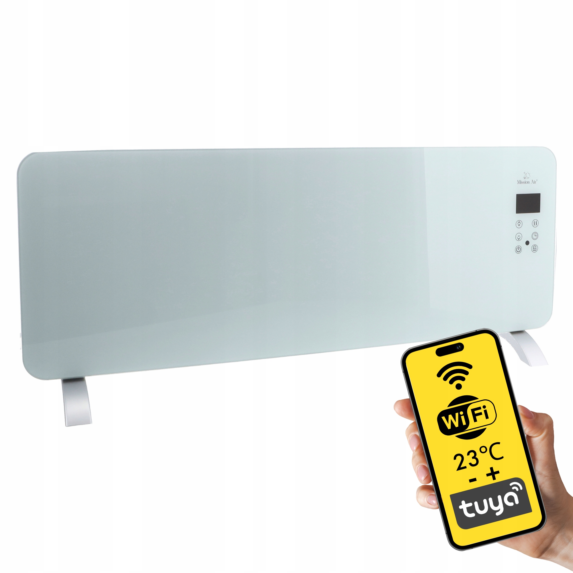 Biały grzejnik elektryczny z telefonem pokazującym Wi-Fi, 23°C i sterowaniem Tuya.