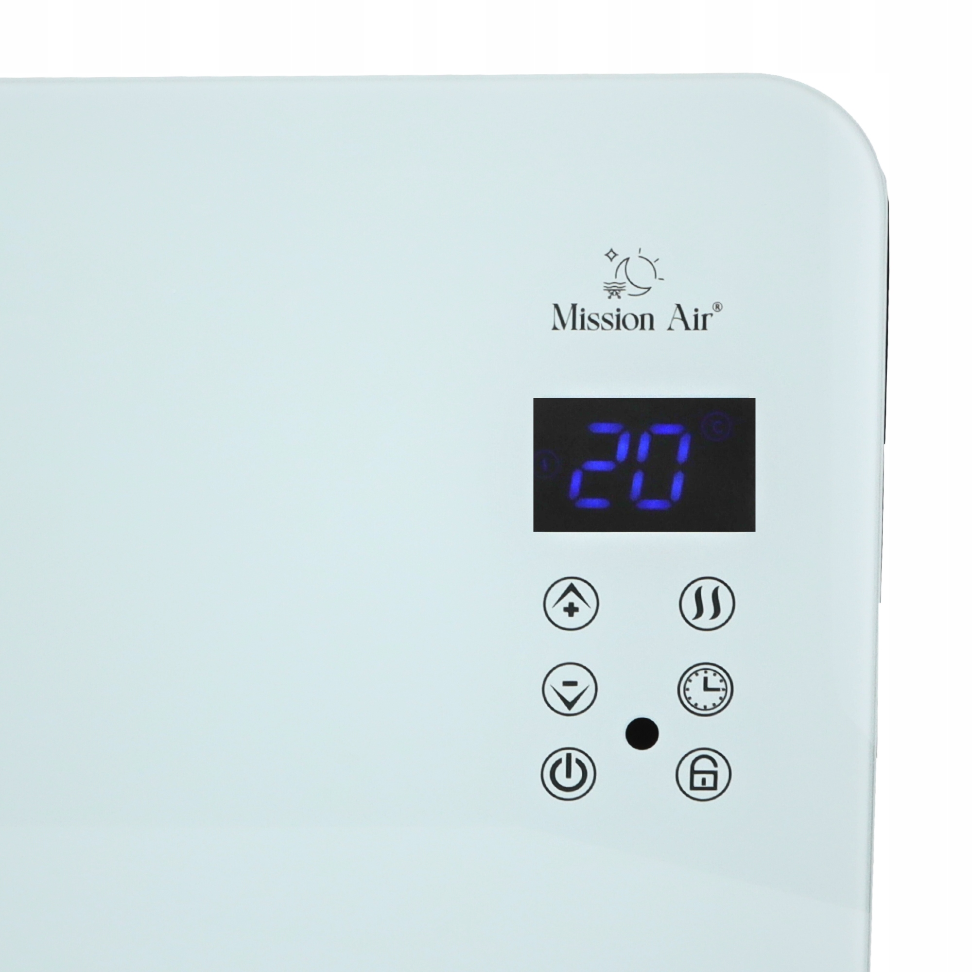 Biały panel z cyfrowym wyświetlaczem '20'. Przyciski: góra, dół, zasilanie, timer i blokada. Marka: Mission Air.