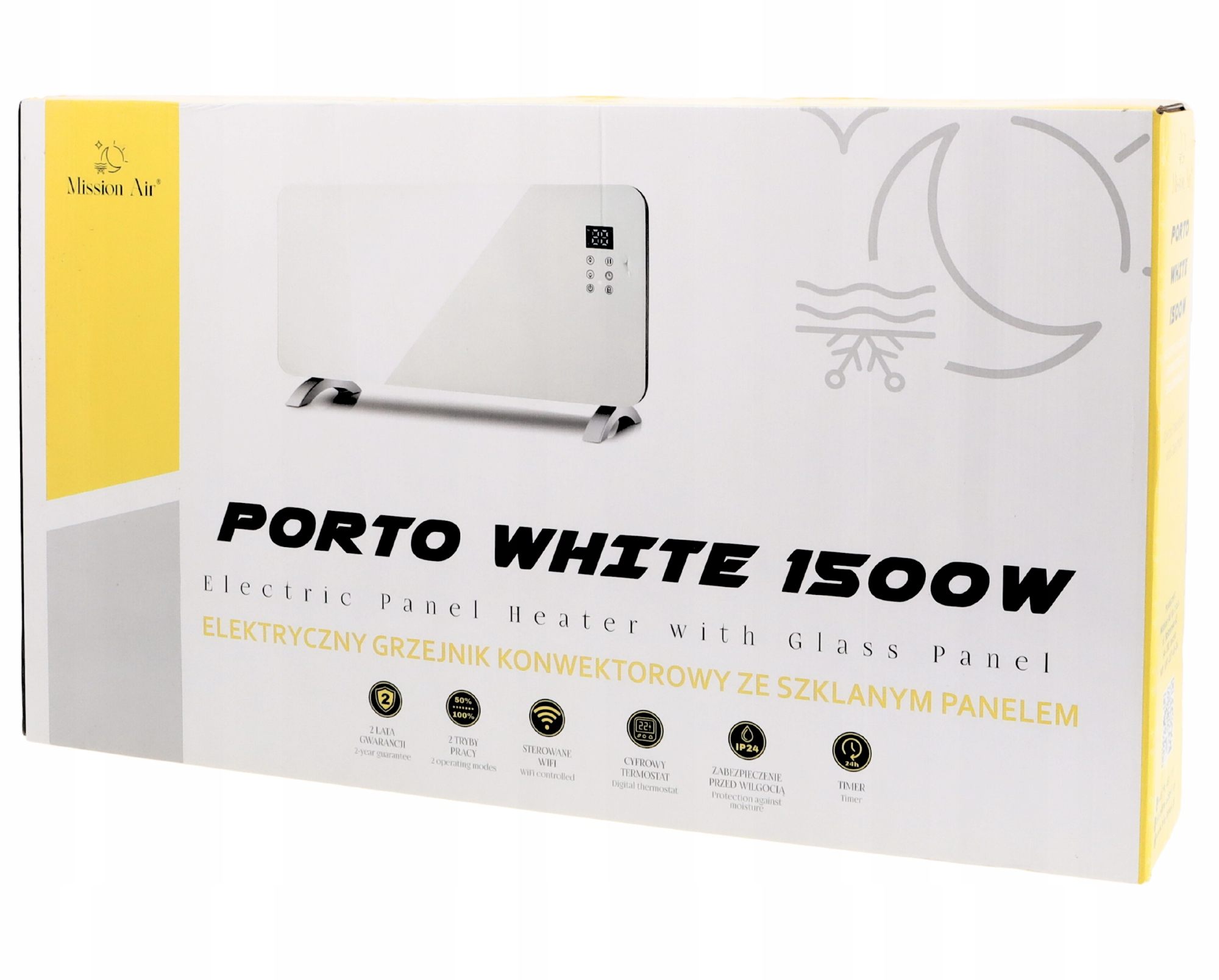 Biało-czarne pudełko grzejnika panelowego. Tekst brzmi 'PORTO WHITE 1500W'. Posiada Wi-Fi i termostat cyfrowy.