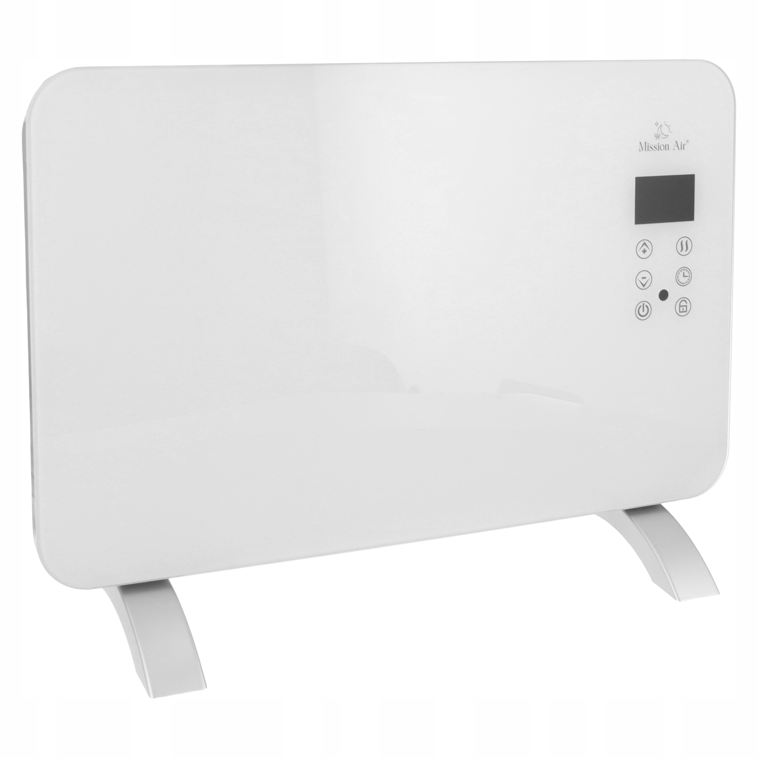 Biały grzejnik elektryczny z cyfrowym wyświetlaczem i przyciskami sterowania. Ma dwie zakrzywione nóżki.