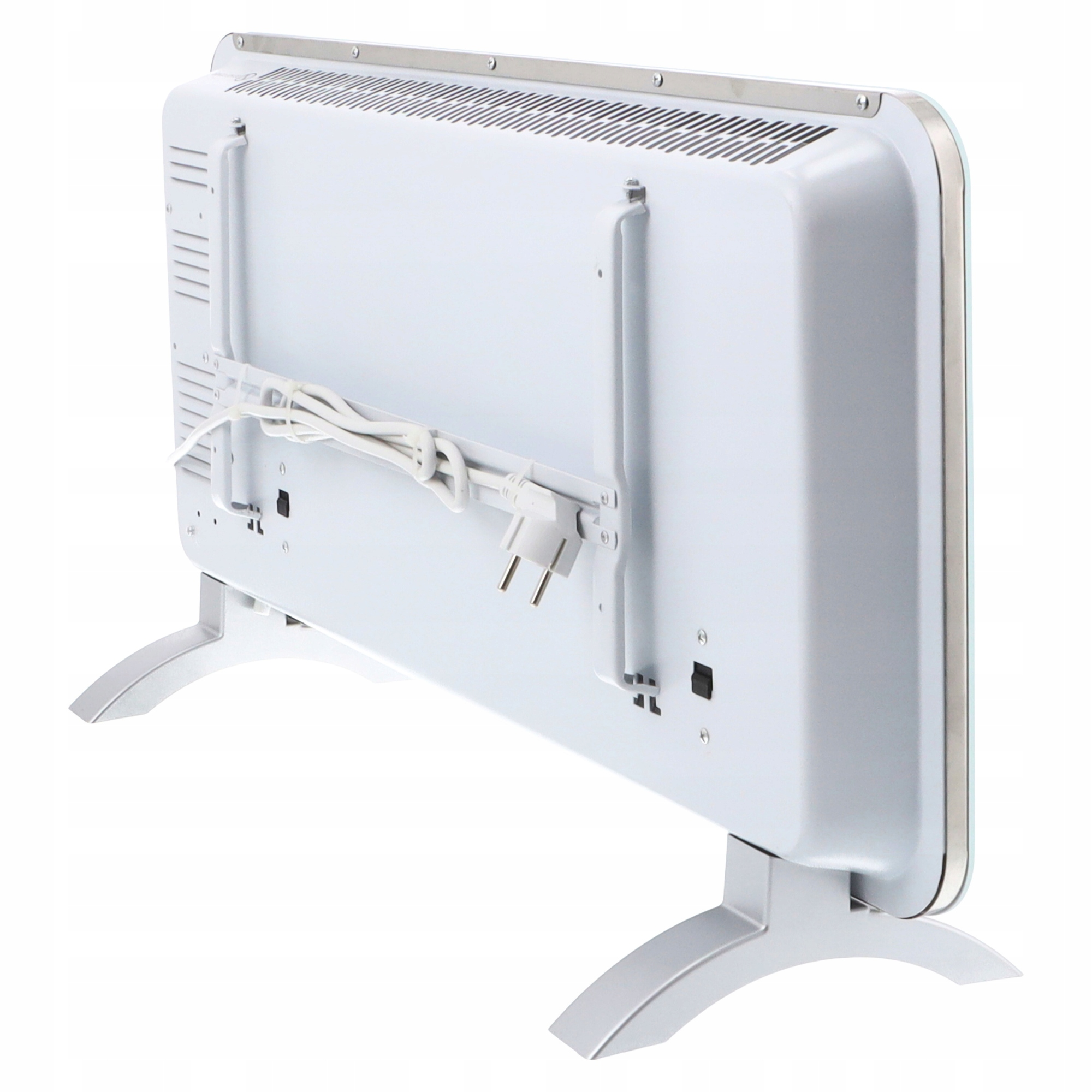 Biały grzejnik elektryczny z wtyczką i przewodem. Ma metalową ramę i stoi na dwóch zakrzywionych nóżkach.