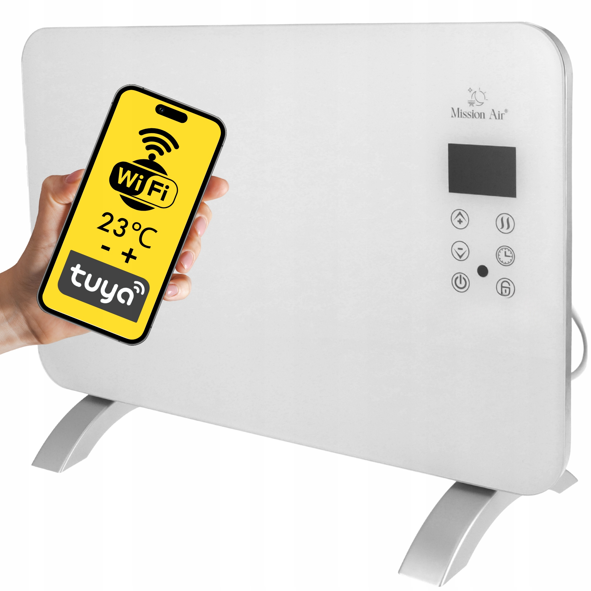 Ręka trzyma telefon z Wi-Fi i 23°C na ekranie. Biały grzejnik w tle.