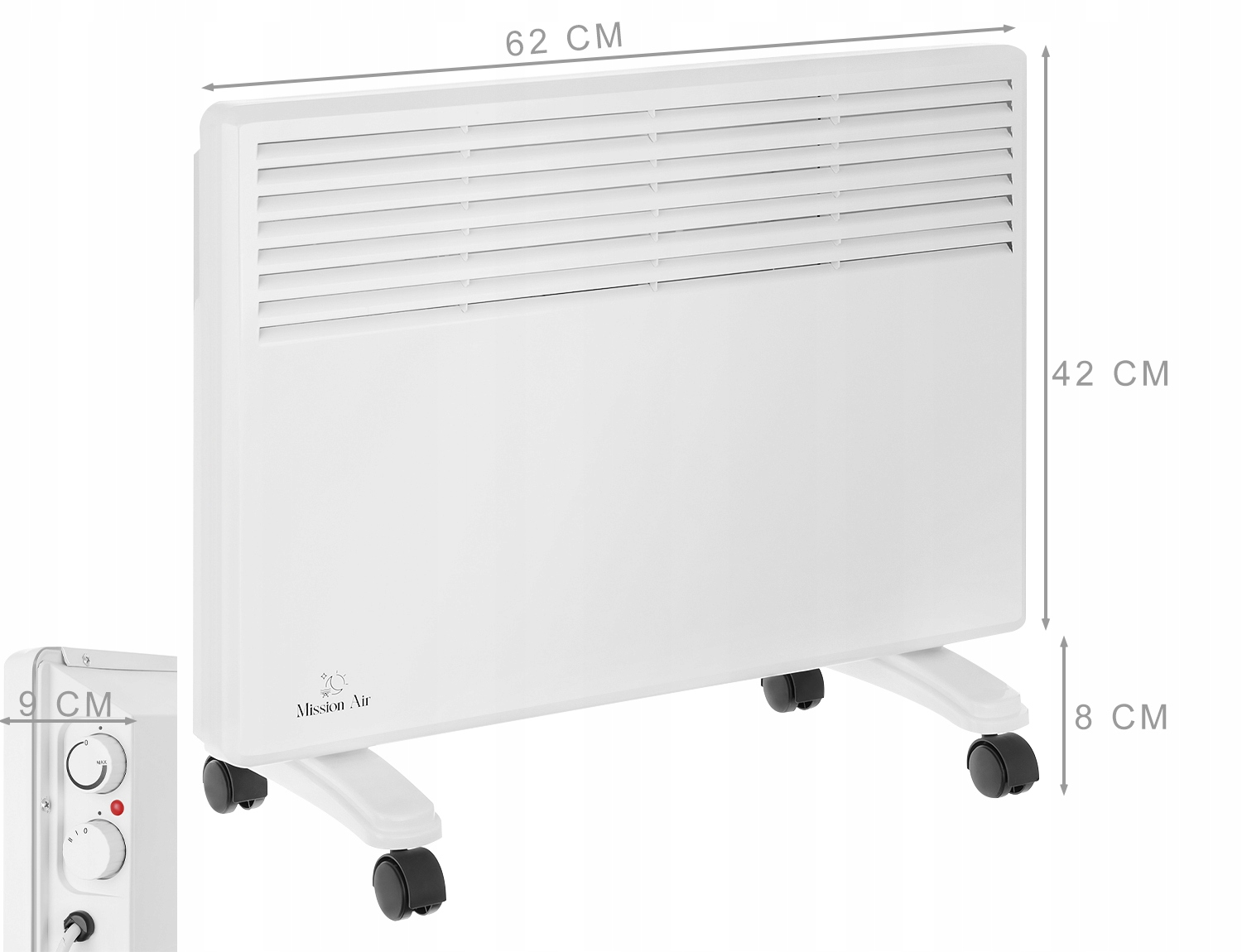 Pokazano biały grzejnik elektryczny Mission Air z kółkami. Wymiary są wyświetlane. Panel sterowania widoczny po lewej.