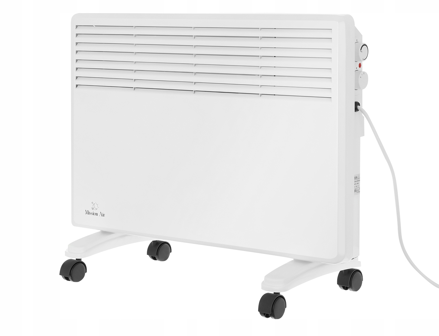 Biały grzejnik elektryczny na kółkach. Ma wylot u góry, pokrętła z boku i przewód zasilający.