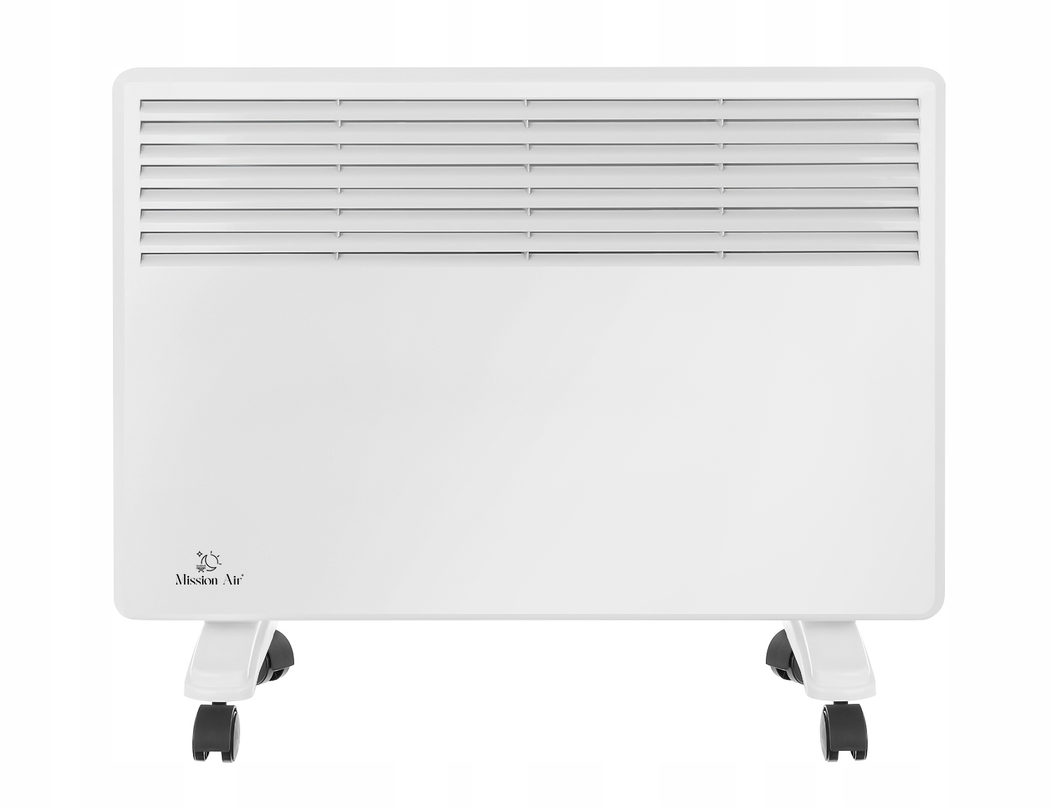 Biały grzejnik elektryczny Mission Air z poziomymi otworami wentylacyjnymi u góry. Posiada kółka na dole.