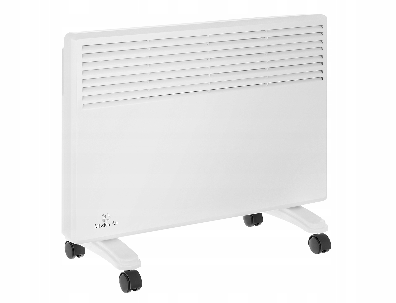 Biały grzejnik elektryczny Mission Air z listwową górą i kółkami na białym tle.