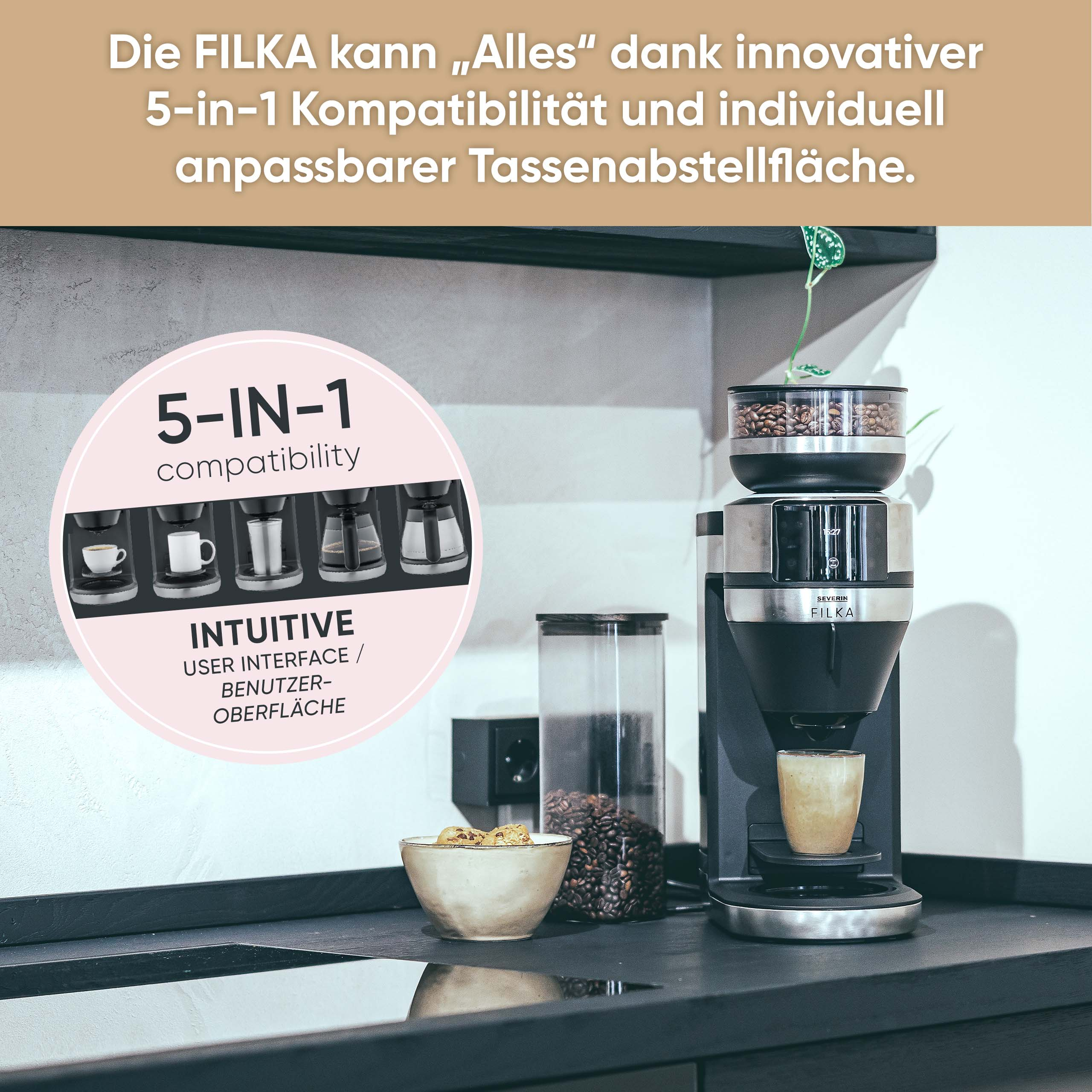 A coffee machine with a 5-in-1 compatibility feature is on a counter. A bowl of cookies is on the left.